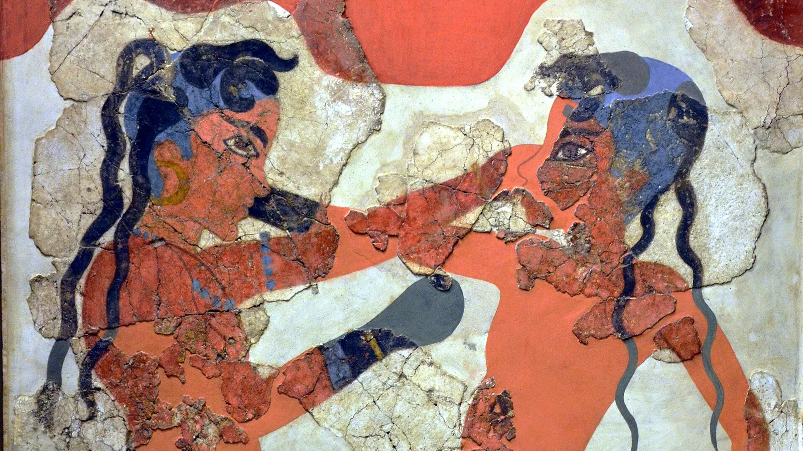 a wall painting of two young boxers with dark hair against a pale background