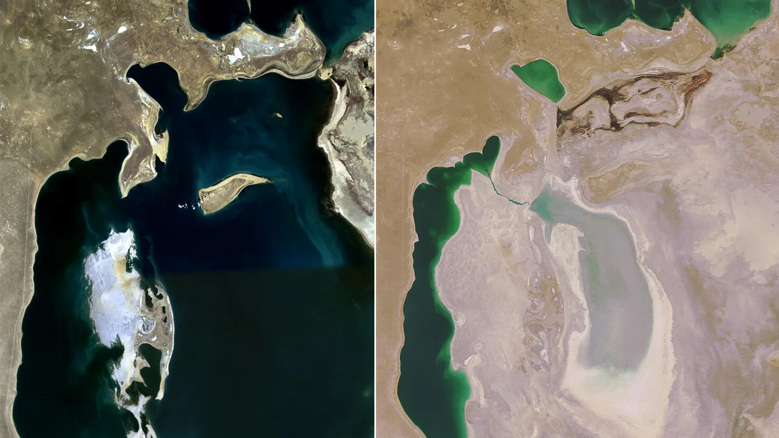 two satellite images side by side, a large dark lake on the left and a much smaller pair of green lakes with pale dry bed on the right