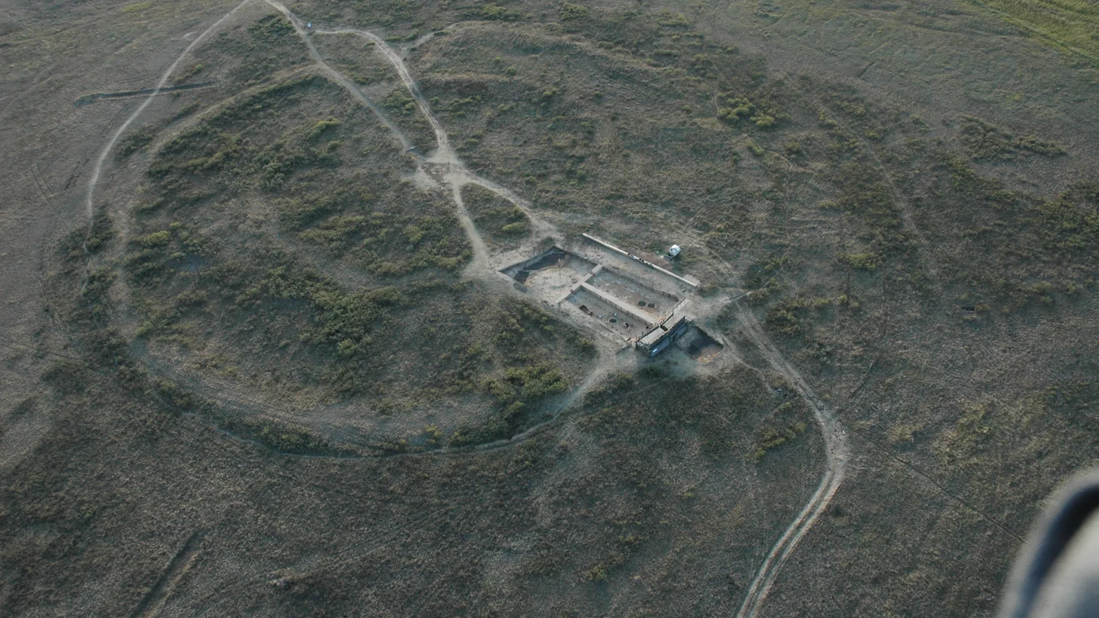 Aerial view of the circular Arkaim archaeological site in the Southern Ural steppe
