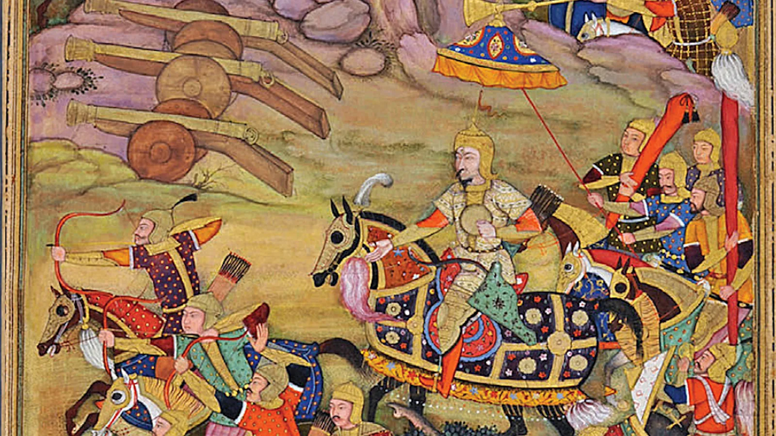 Mughal manuscript painting of the Battle of Panipat with cannon and cavalry