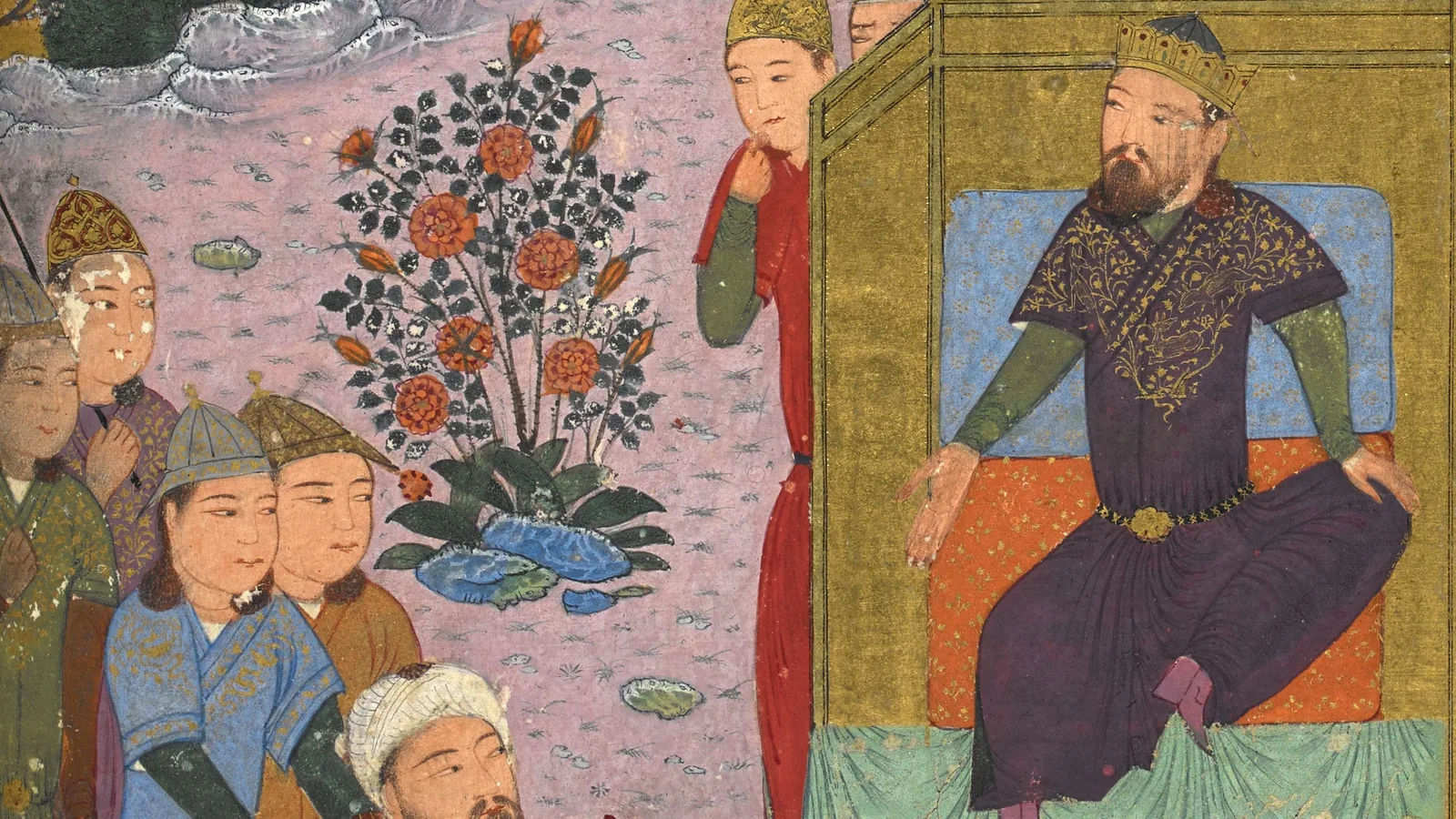 A Persian miniature of a seated ruler on a throne receiving a captive brought forward by attendants in a tent