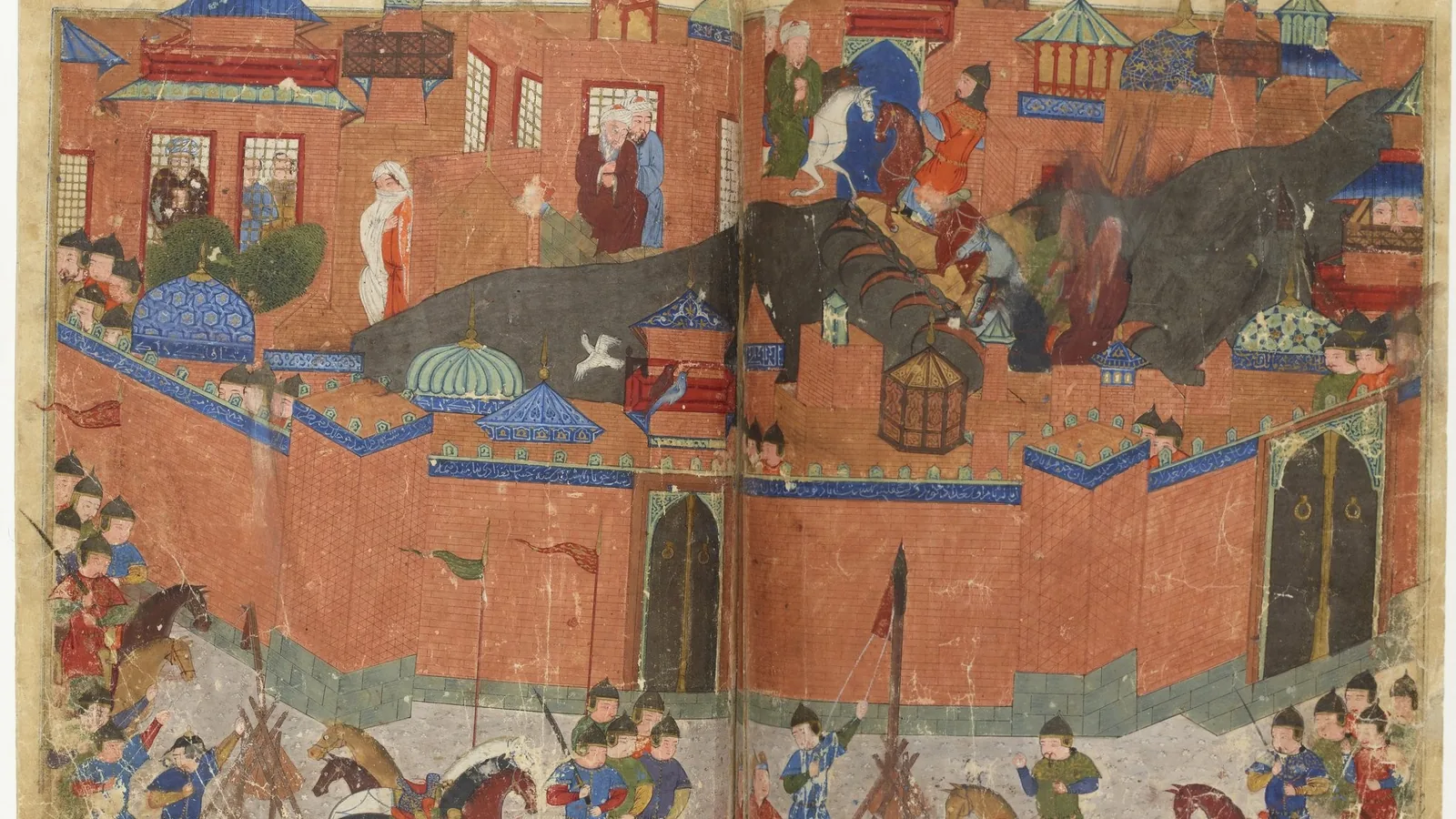a Persian manuscript painting of a walled city with domes, horsemen and siege engines drawn up outside the red-brick walls