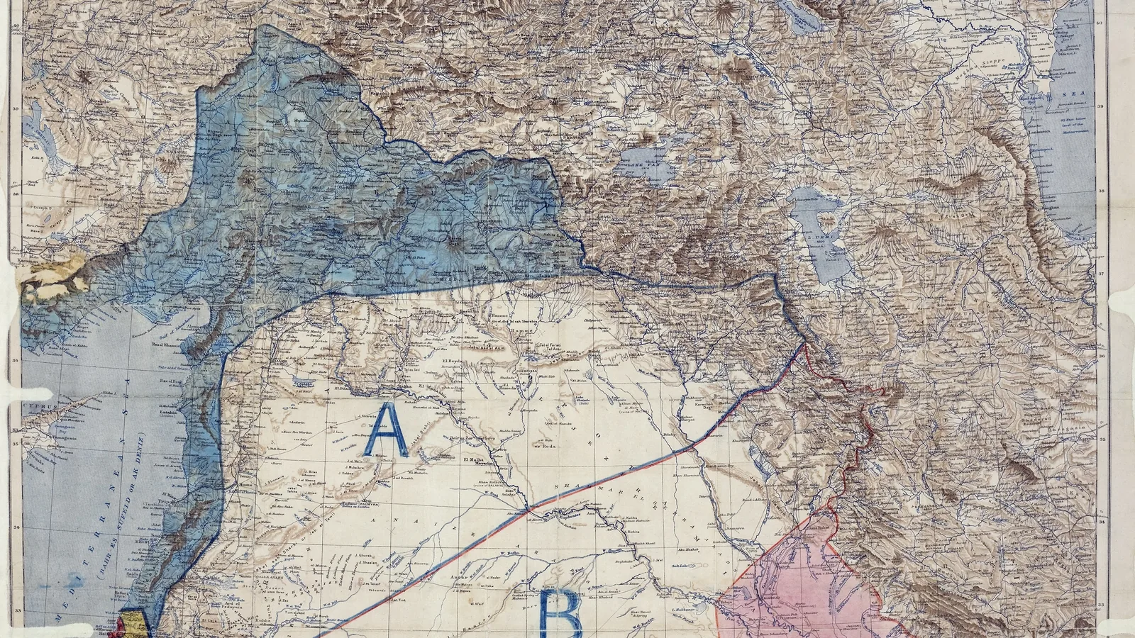 An old map of the eastern Mediterranean and Mesopotamia with hand-coloured zones and signatures at the bottom