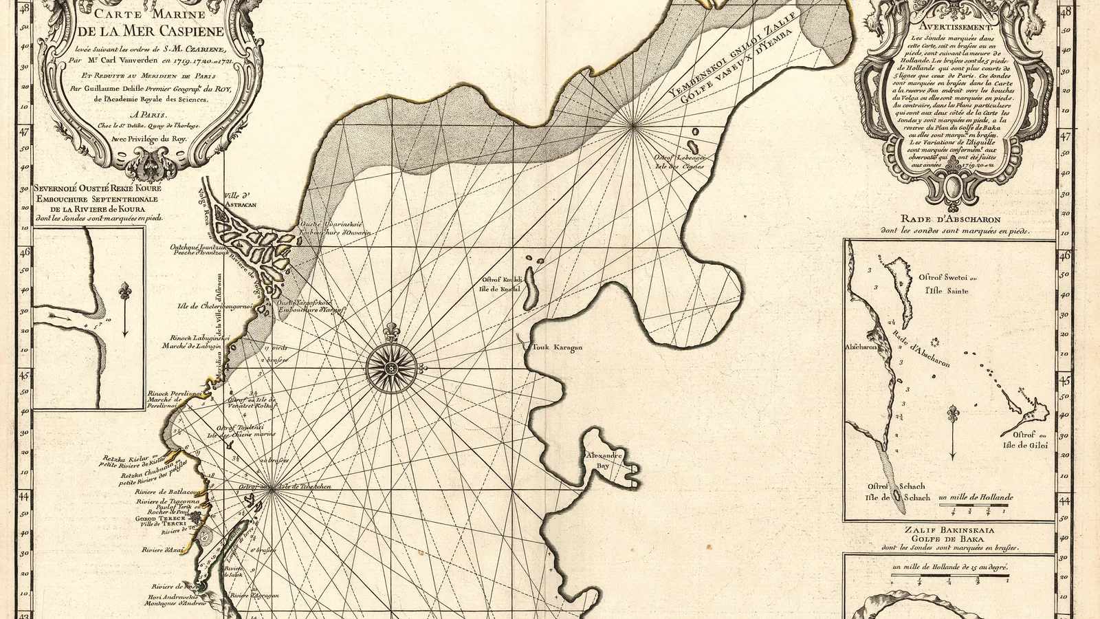 An 18th-century engraved nautical chart of the northern Caspian Sea with a compass rose and decorative cartouches