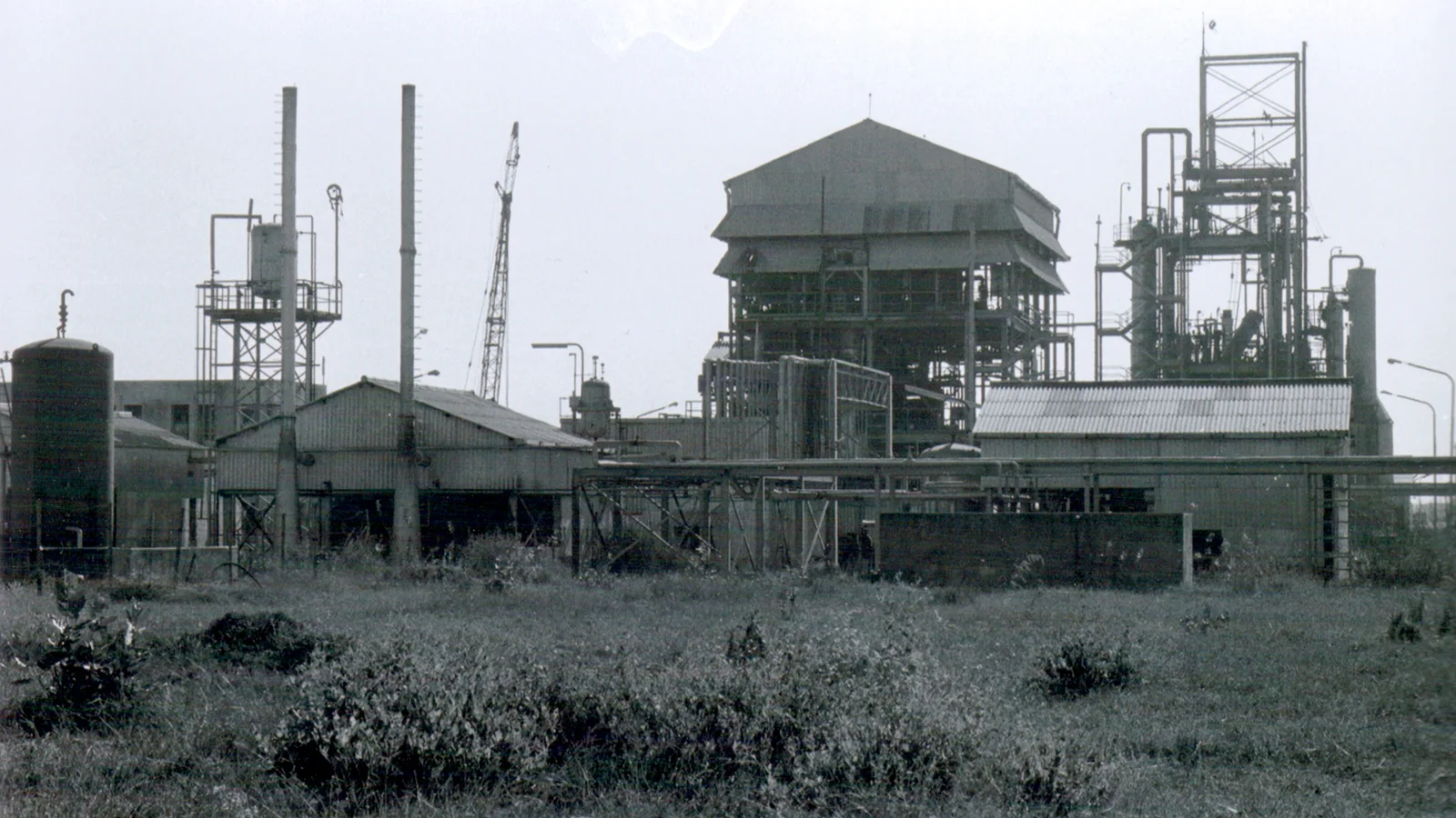 a black and white view of a chemical plant with tall columns and pipework behind a strip of waste ground
