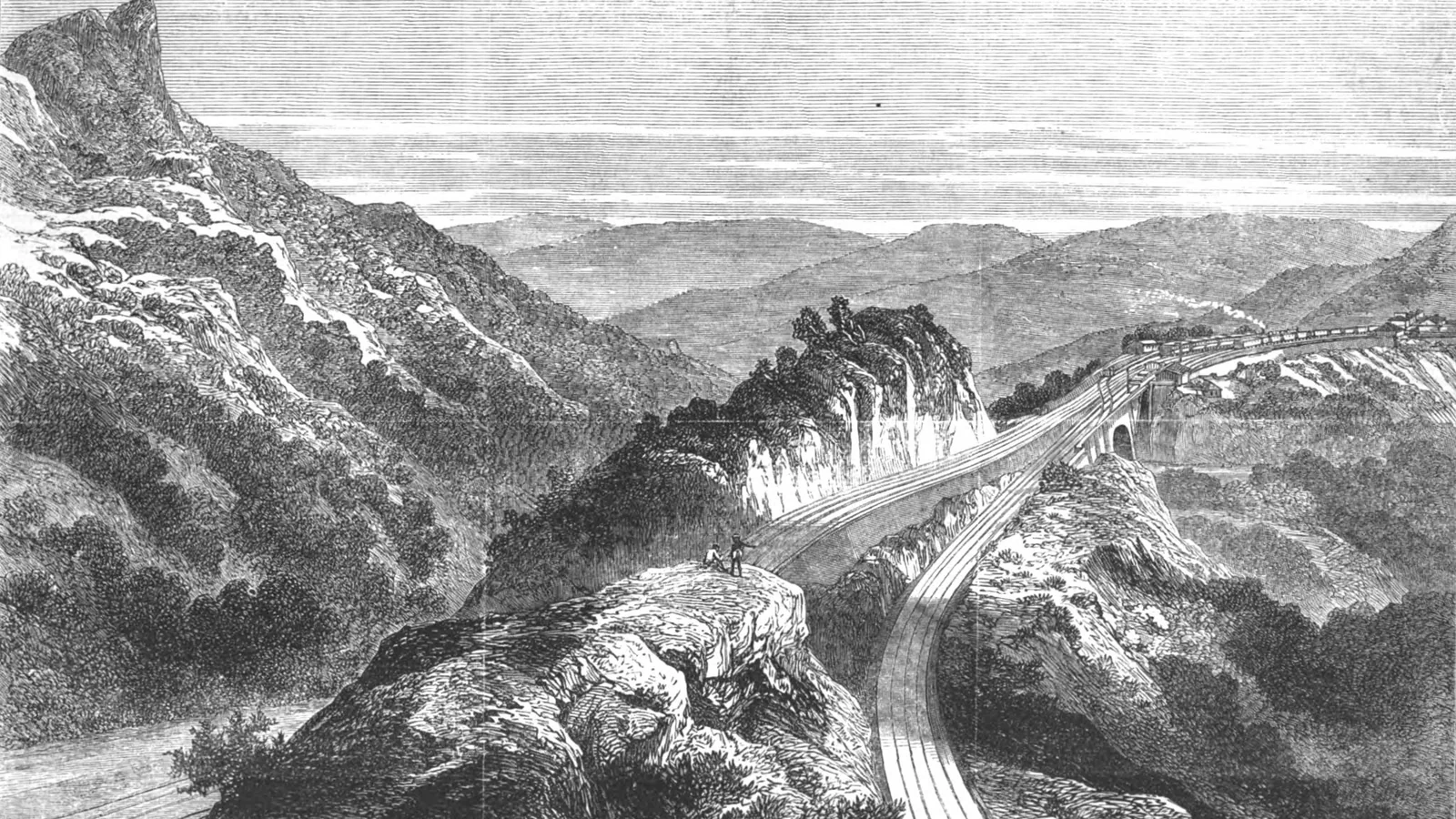 Engraving of railway tracks zigzagging across a steep mountainside with a small station building and a viaduct