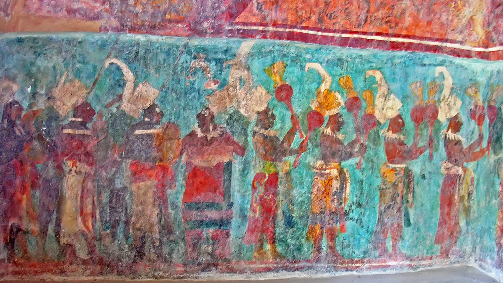 Painted procession of Maya musicians with turtle-carapace and rattle players