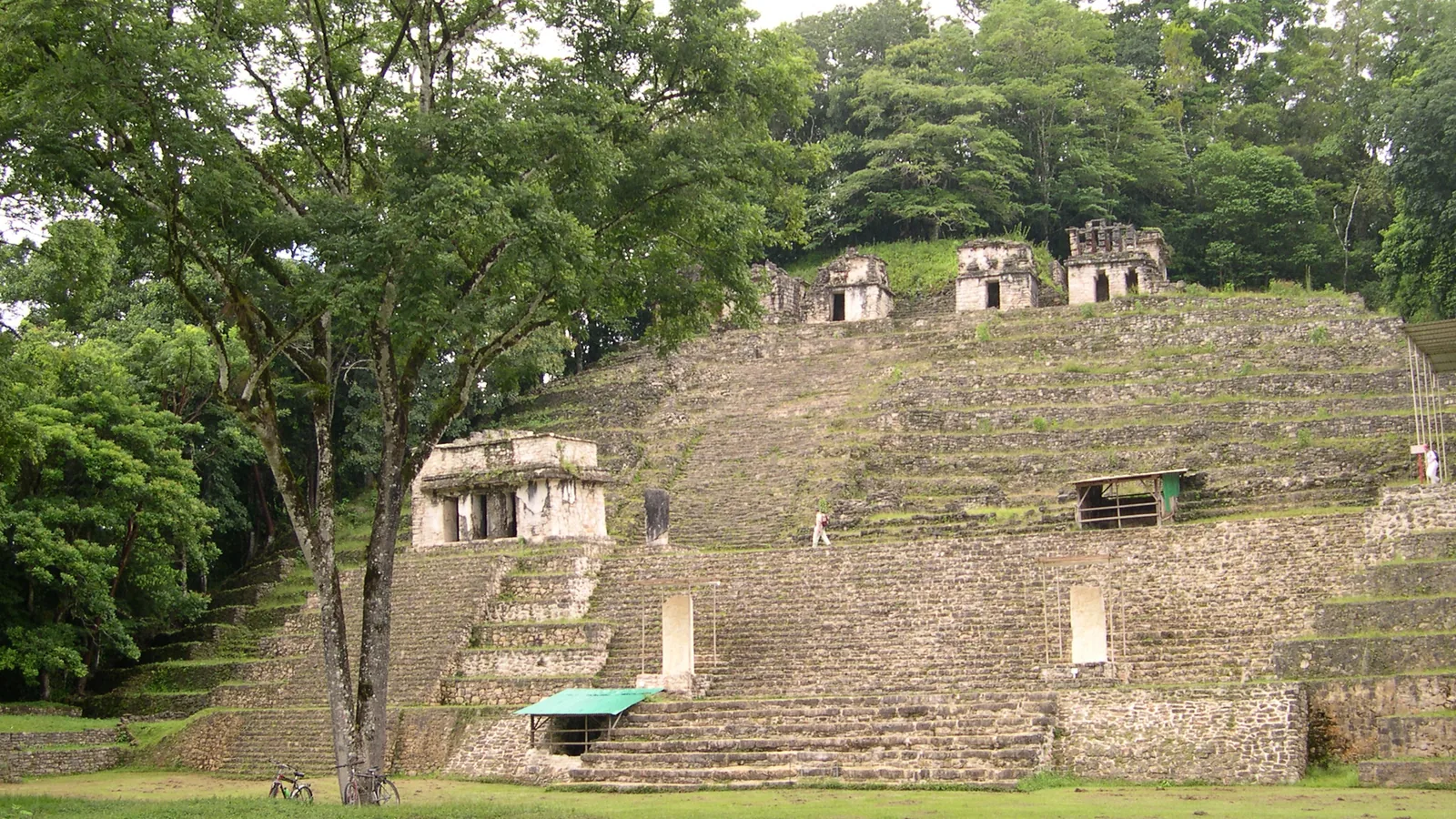 Low stepped pyramid at Bonampak topped by a narrow three-room building