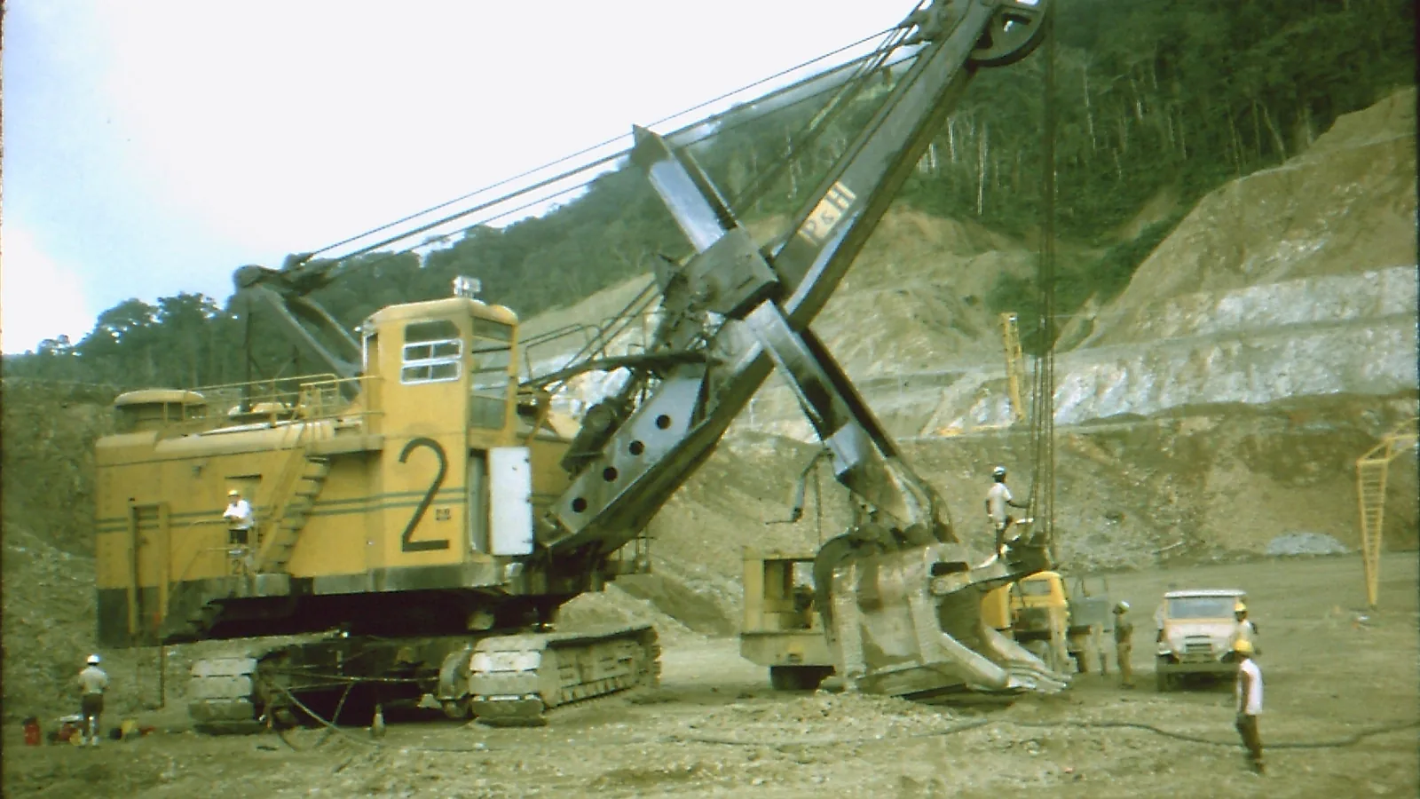 A large mechanical shovel undergoing service at the Panguna mine overburden site