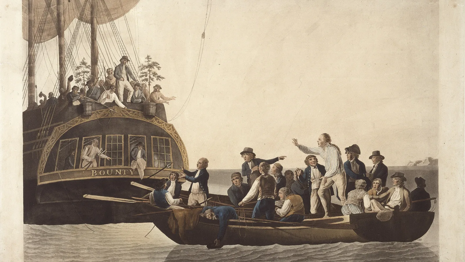 a colored print of men crowded in an open boat beside the stern of a sailing ship, one standing and gesturing up at the deck