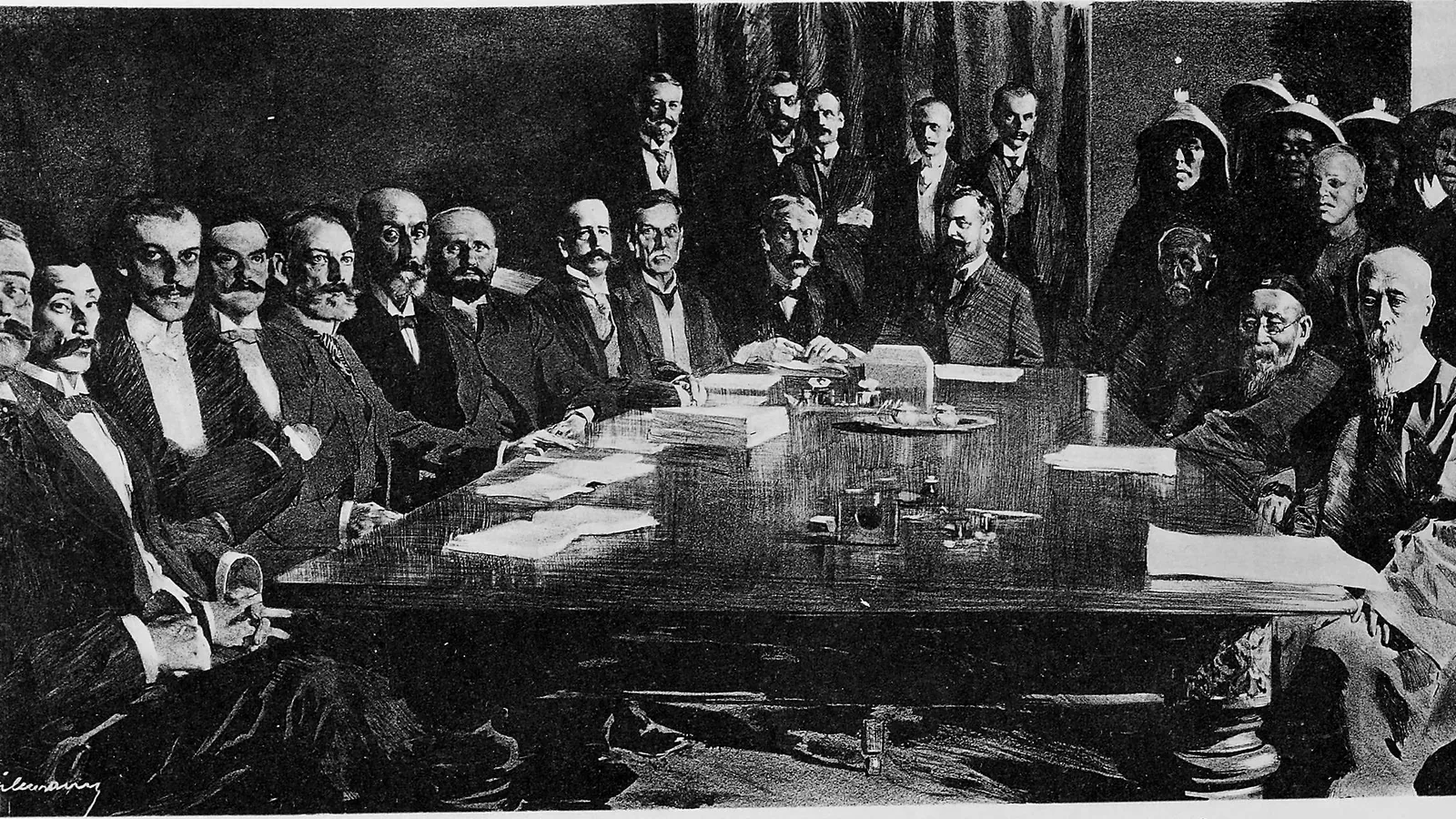 Row of diplomats in formal dress standing for the protocol signing, Peking