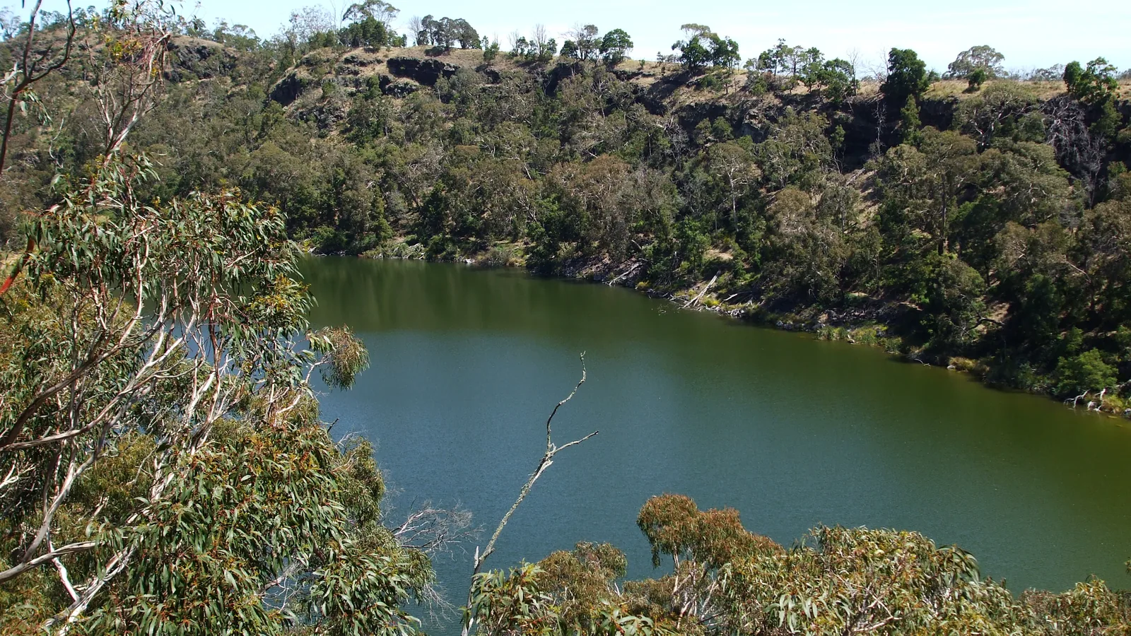 Lake Surprise, a water-filled volcanic crater at Budj Bim, ringed by eucalypt forest
