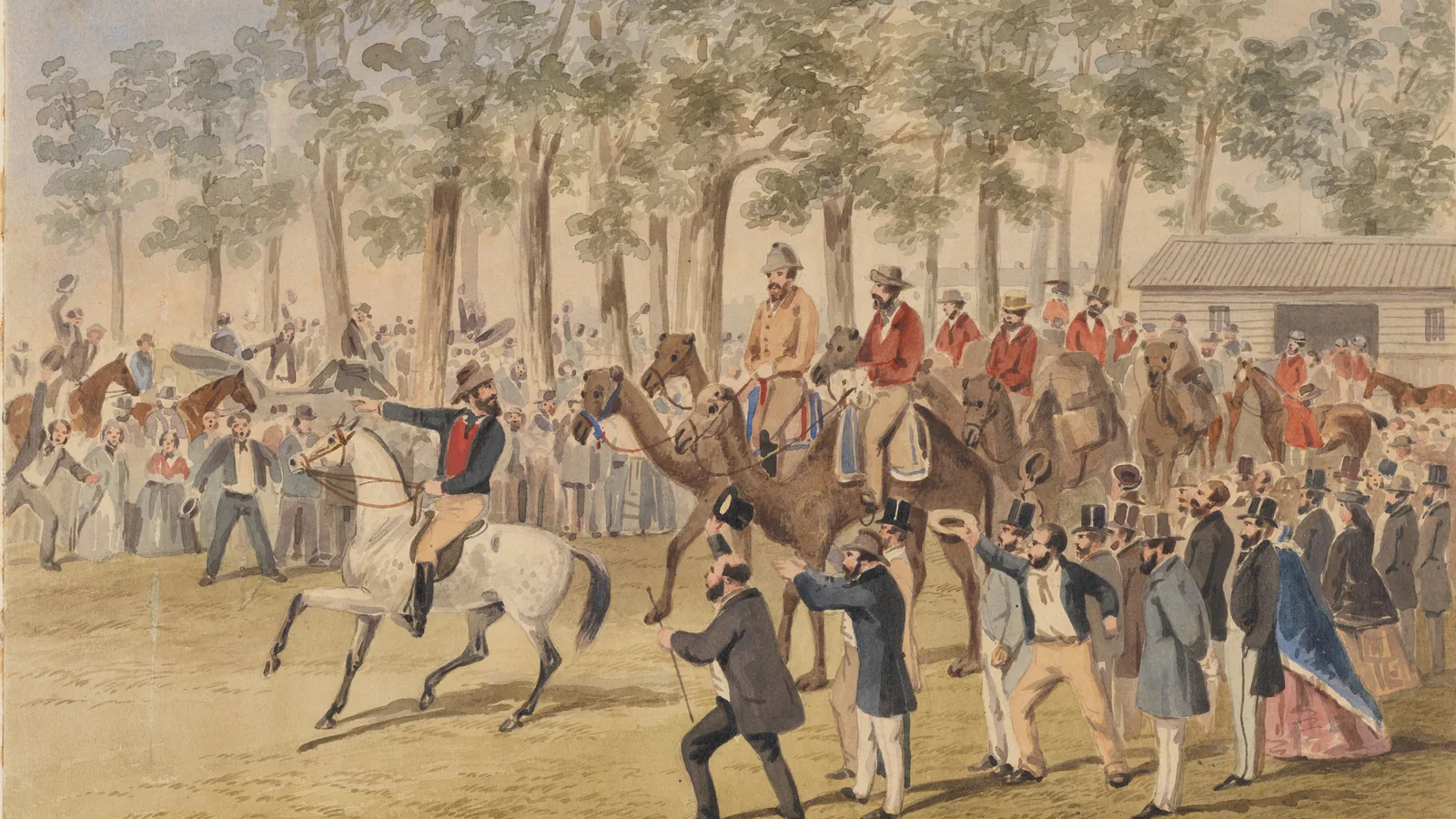 Period painting of a long column of men, camels, wagons and horses departing a park before onlookers