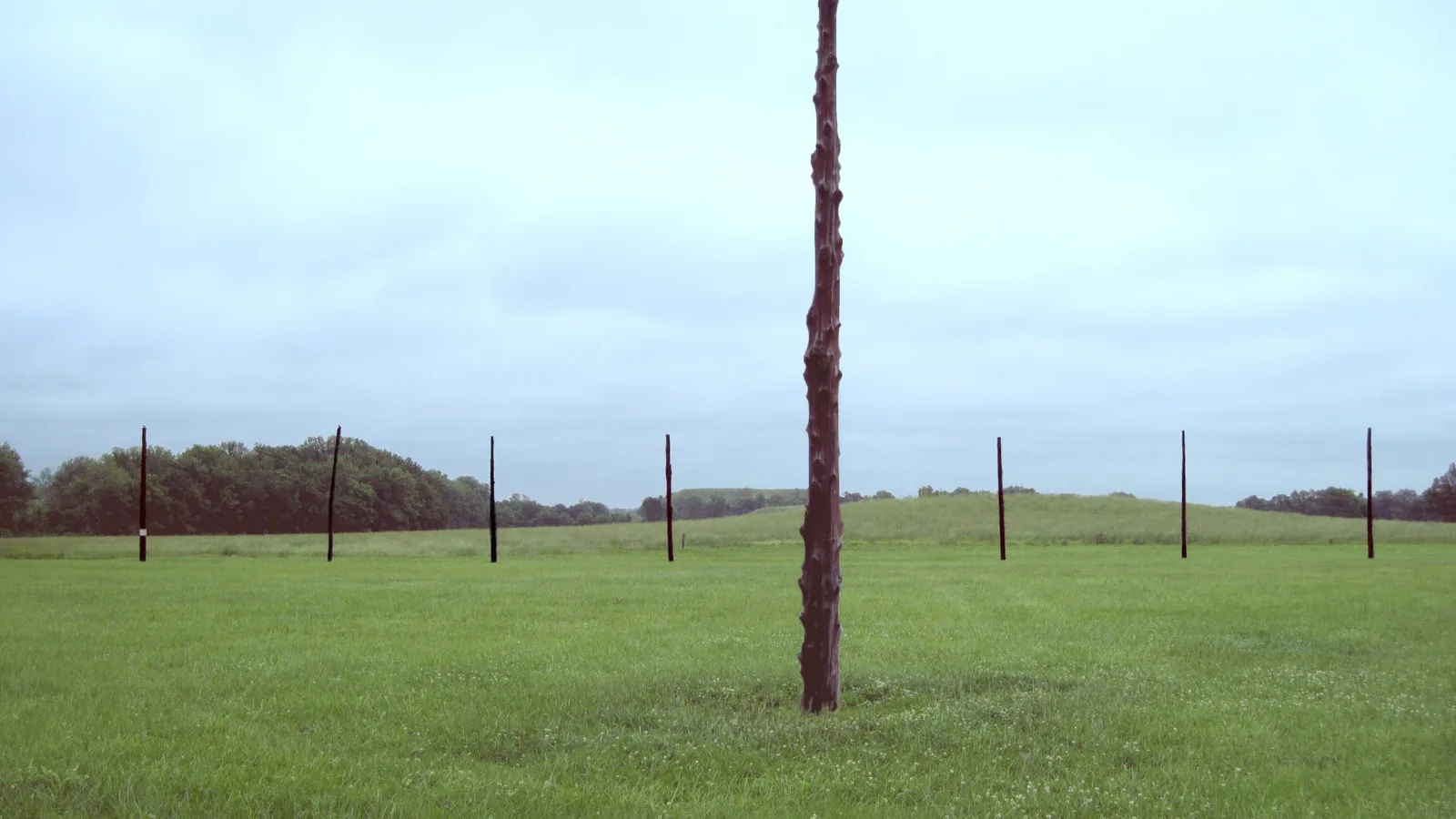 Tall red-painted wooden posts standing in a circle on a mown grass field
