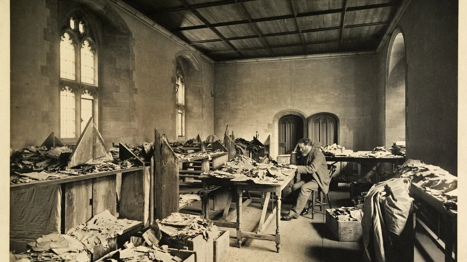 A bearded man seated at a long table piled with boxes and loose manuscript fragments in a library