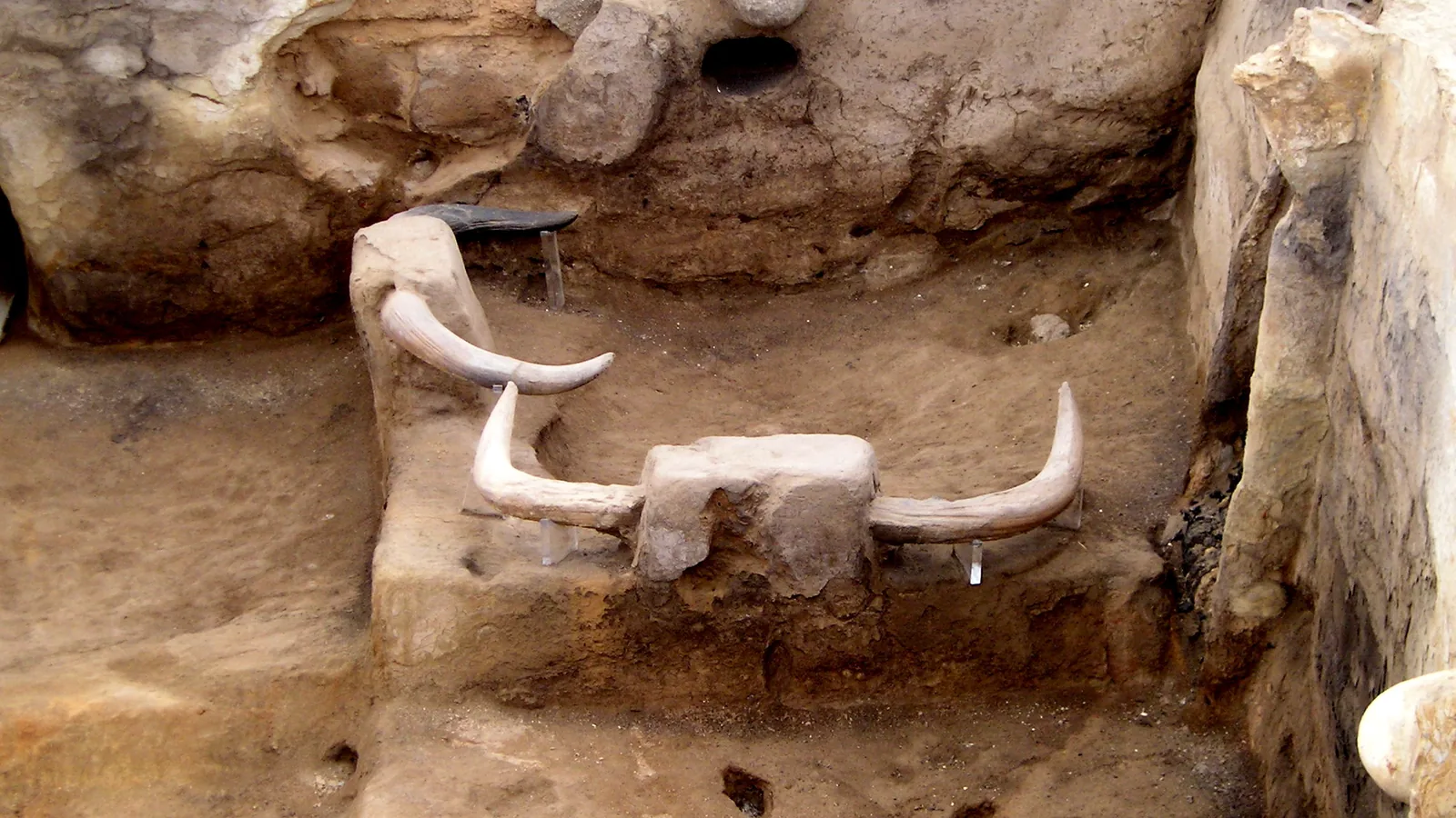a pair of cattle horns set into a plastered clay bench in an excavated room