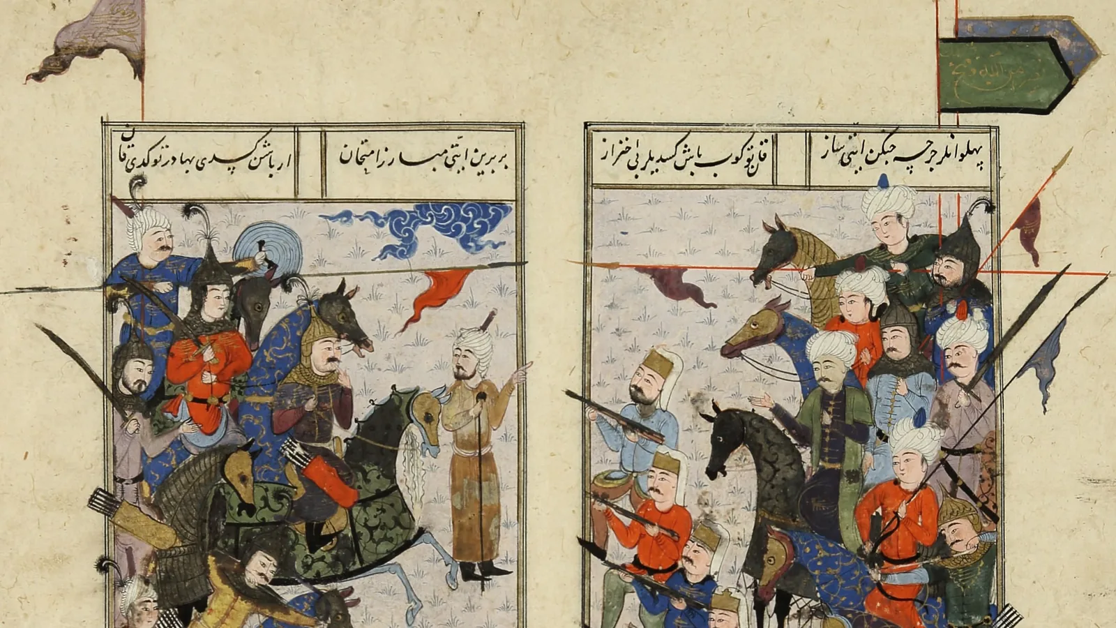 Ottoman manuscript miniature of armoured horsemen and foot soldiers clashing on a hillside, with tents and banners