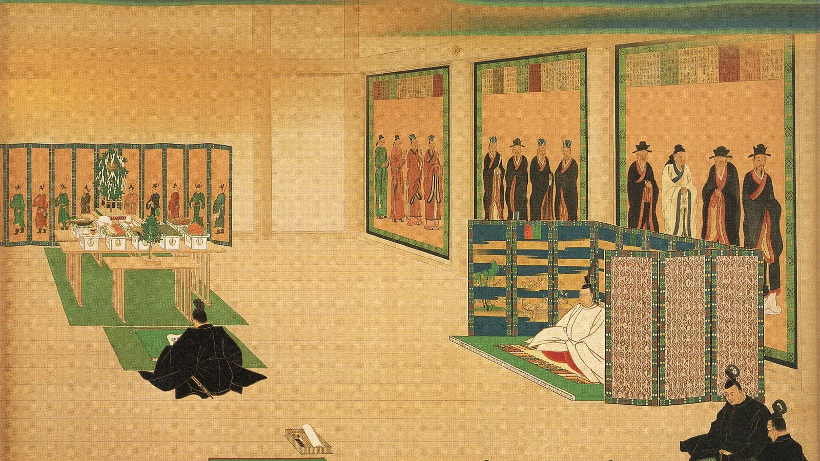 a painting of a palace hall with painted screens, an official reading before an altar and the young emperor seated behind a screen