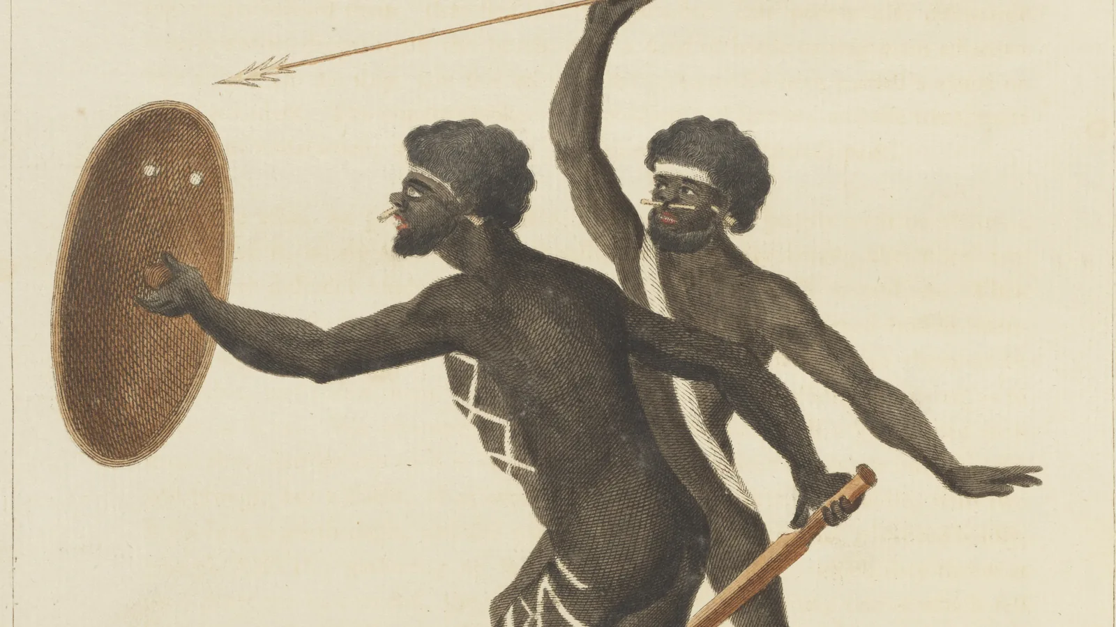 Period engraving of two men advancing with spears and a shield on a shoreline