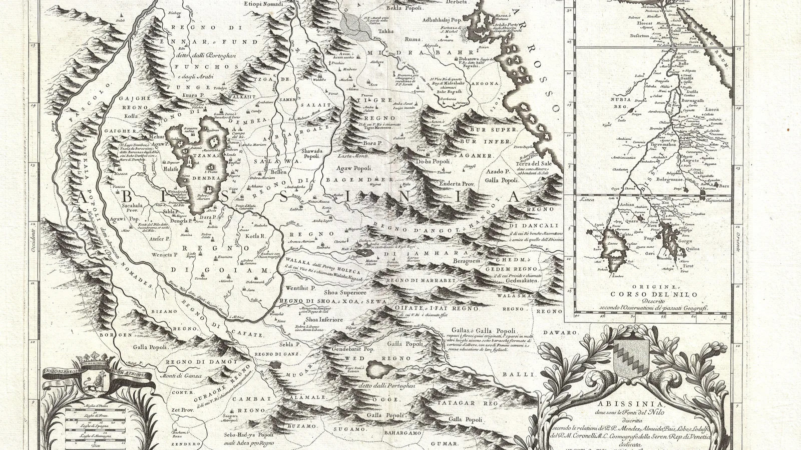 an engraved seventeenth-century map of Abyssinia with mountain ranges, rivers and a decorative cartouche