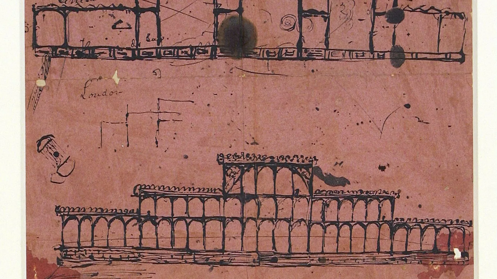 Pen-and-ink sketch of a long glass and iron hall on blotting paper