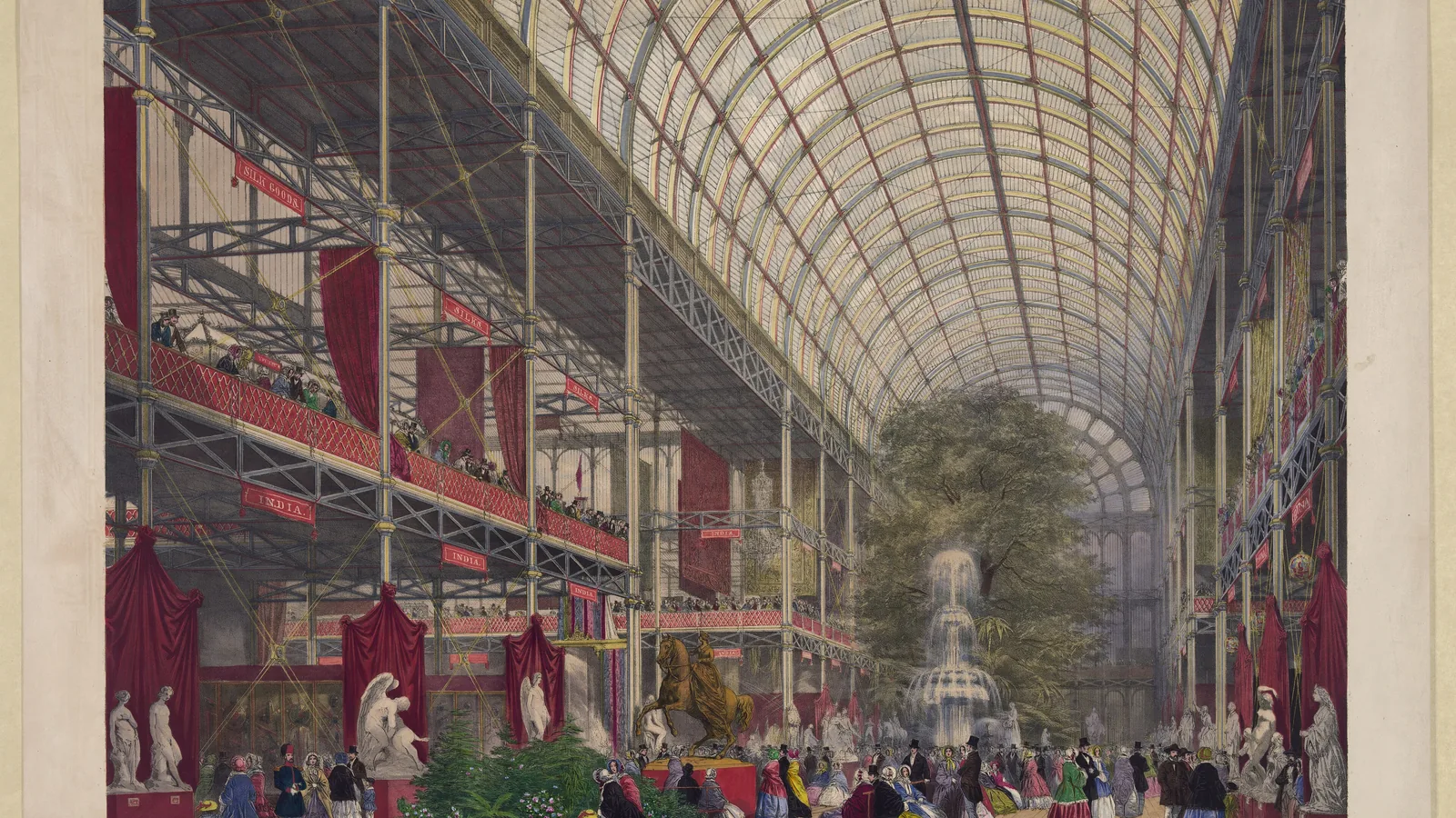 a colored lithograph of a vast glass and iron hall with elm trees, a fountain and crowds under a barrel-vaulted roof