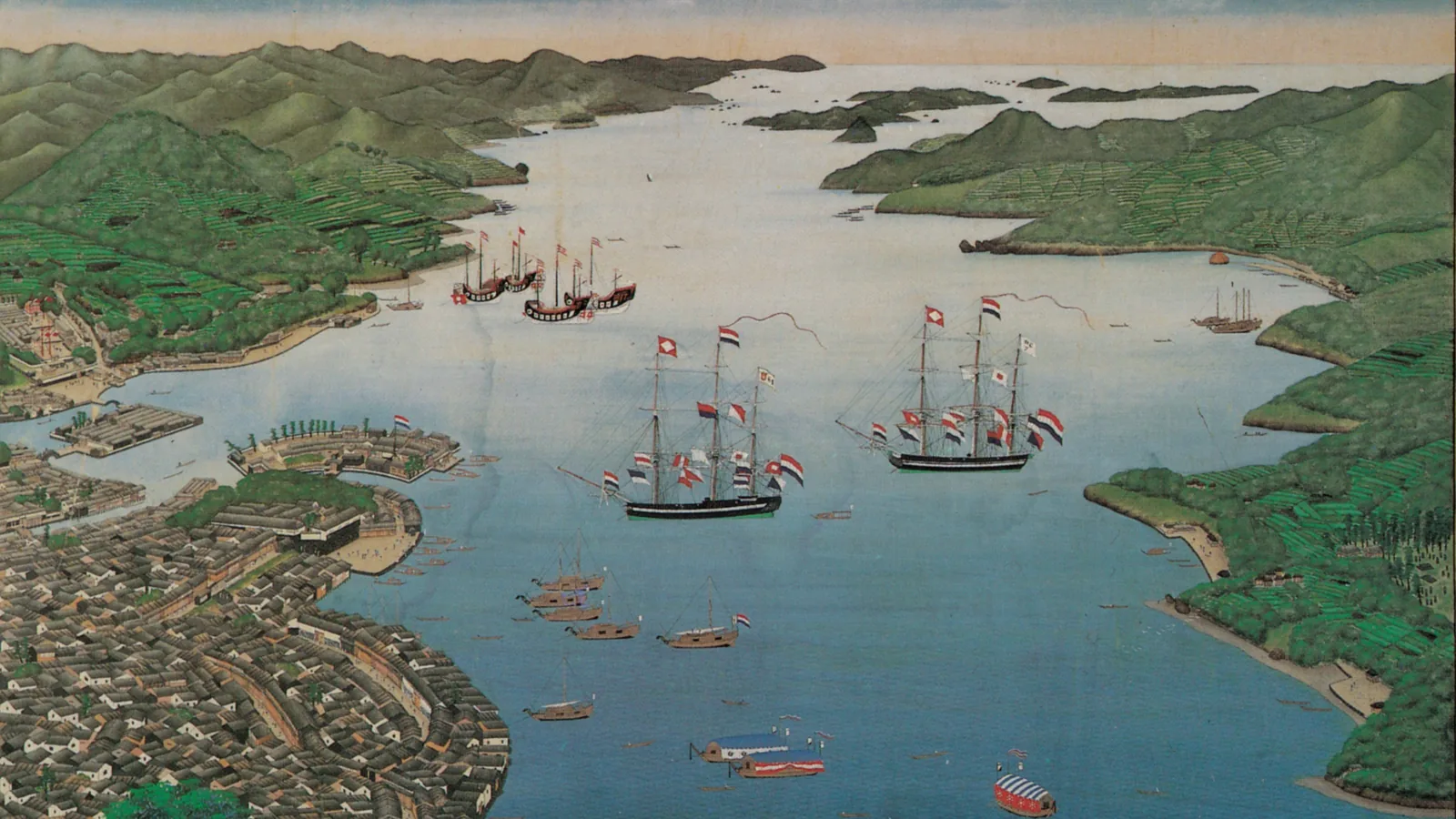 a painted bird's-eye view of a long harbor between green hills, with sailing ships flying red, white and blue flags
