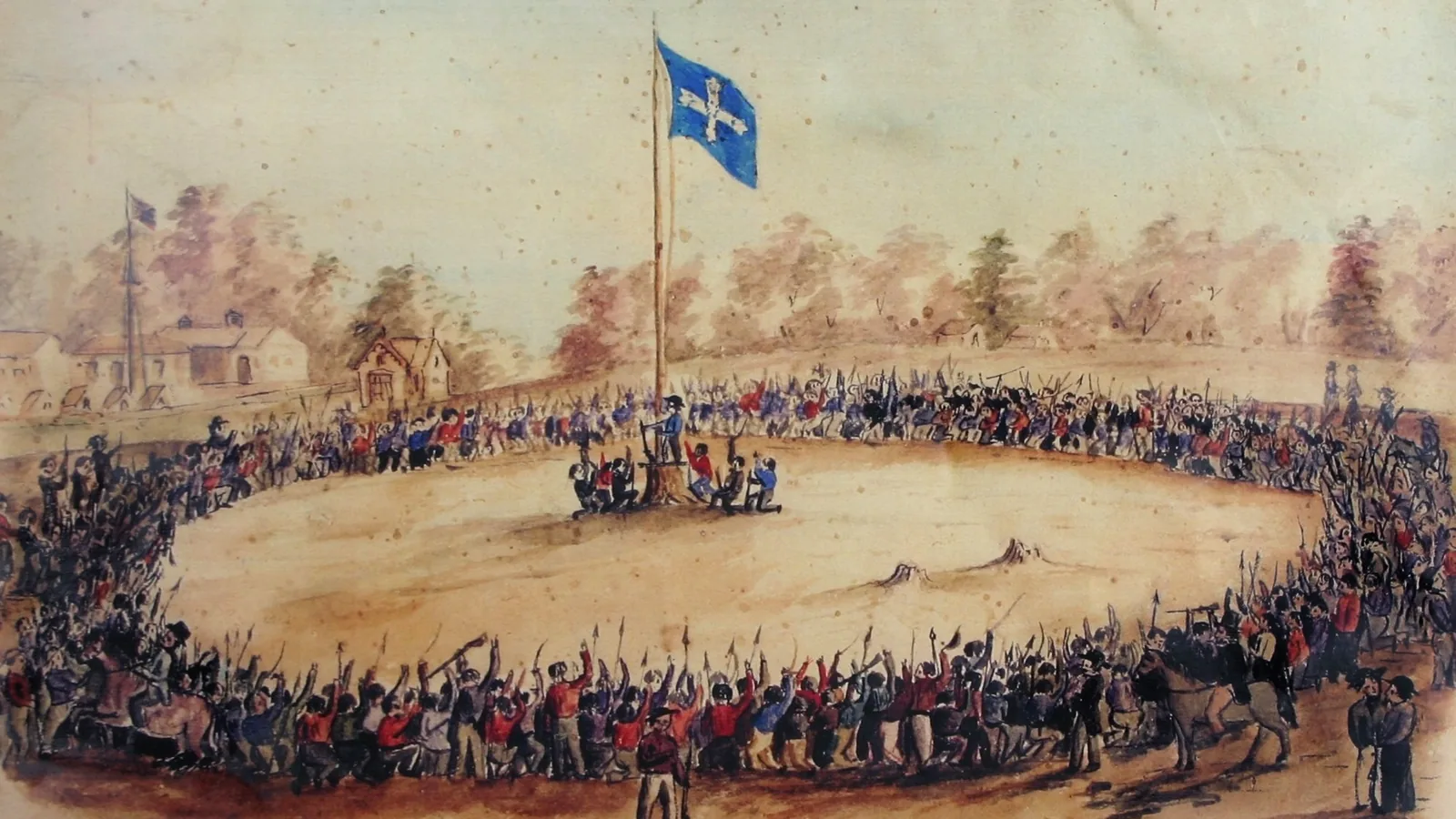 Watercolour of a crowd of diggers gathered on a hillside around a tall flagpole flying a blue flag with a white cross