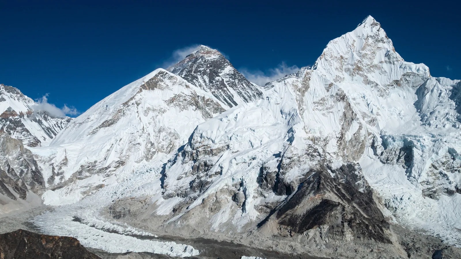 Snow-covered Everest massif and the Khumbu Glacier seen from the west in afternoon light