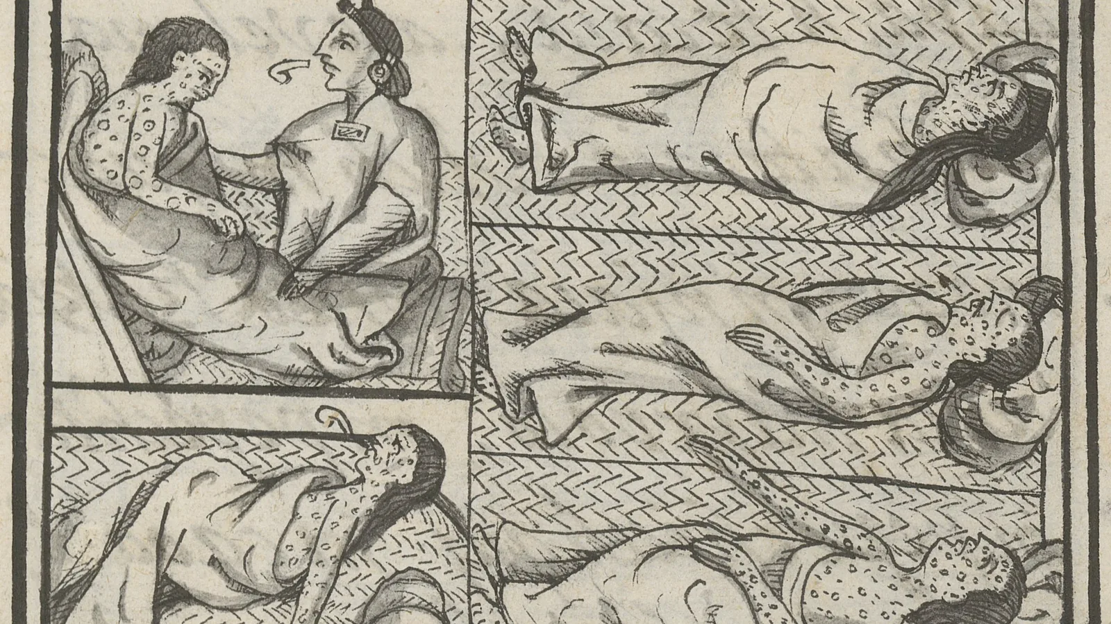 a manuscript painting of several figures covered in pustules lying down while another figure tends to them