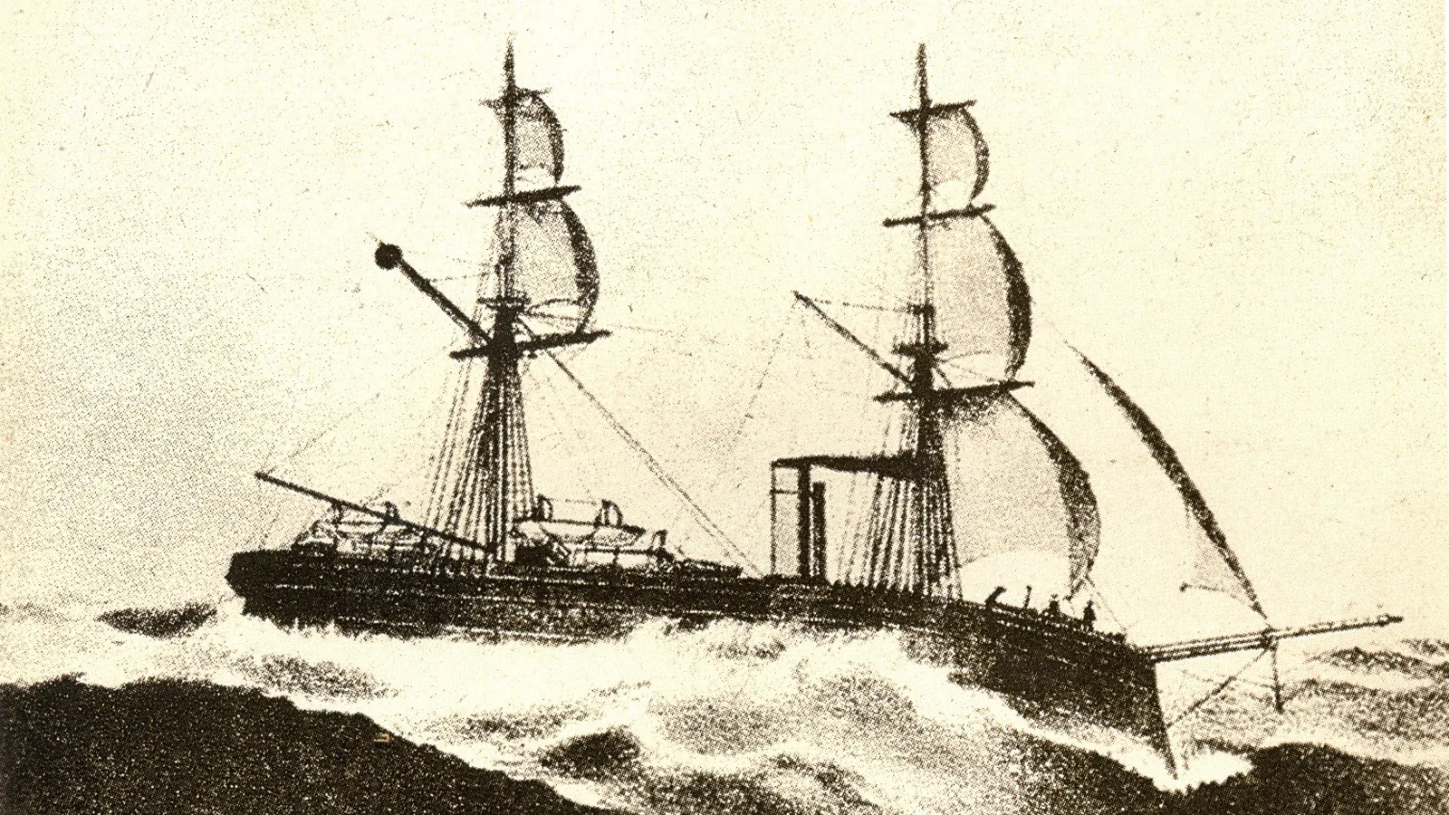 A black and white image of a small steam warship with masts and a funnel, seen broadside on calm water
