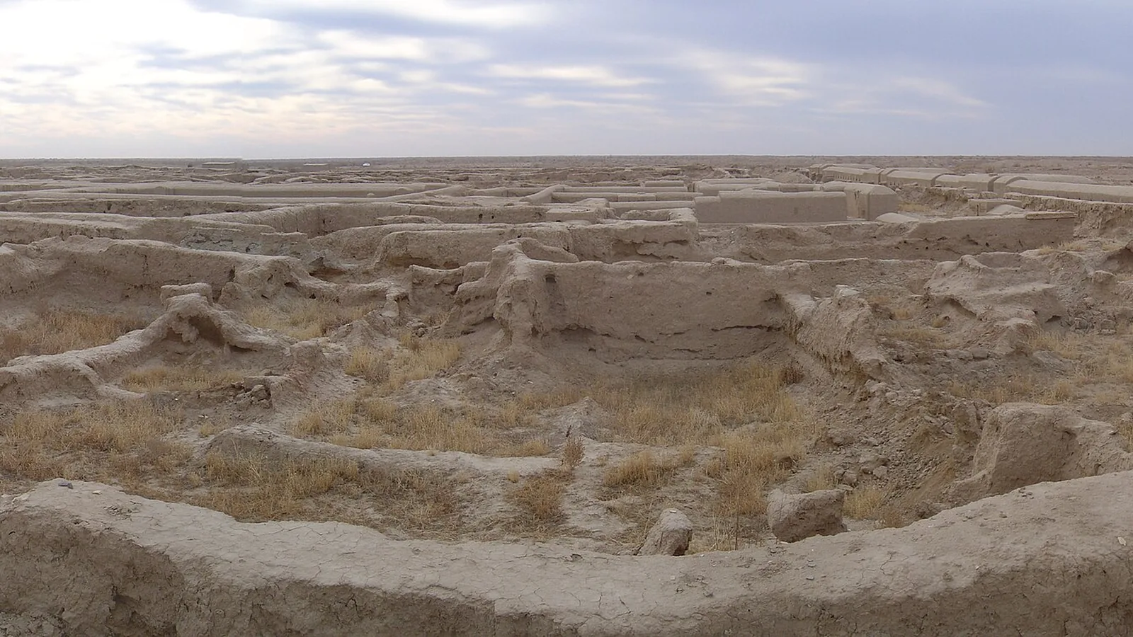 a wide view of low excavated mudbrick walls spreading across flat desert ground
