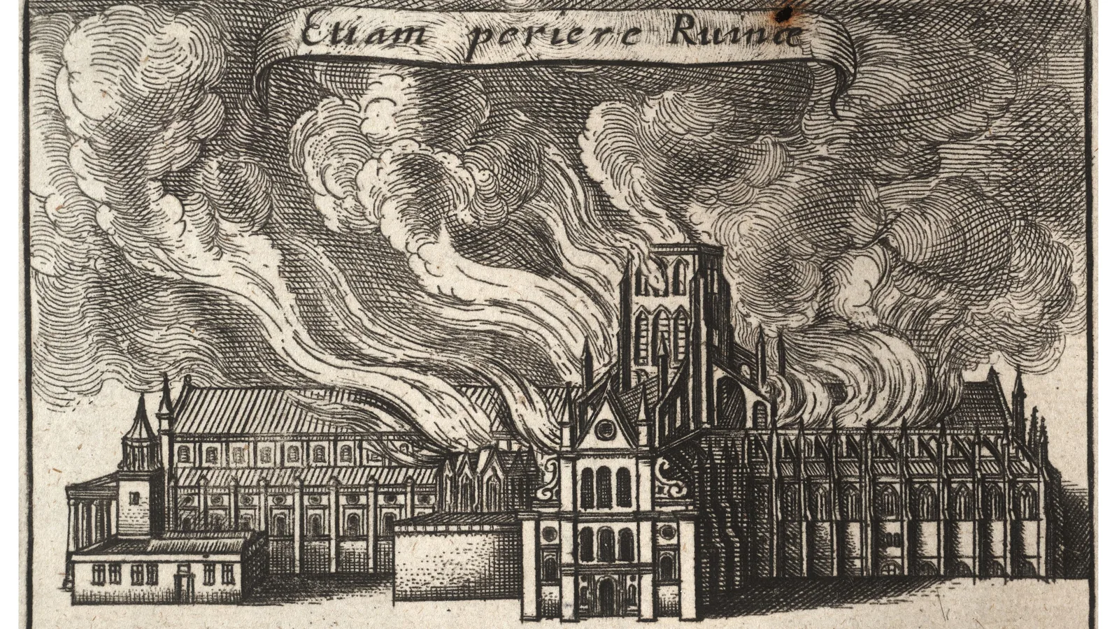 Engraving of Old St Paul's Cathedral engulfed in smoke and flame, its tower still standing