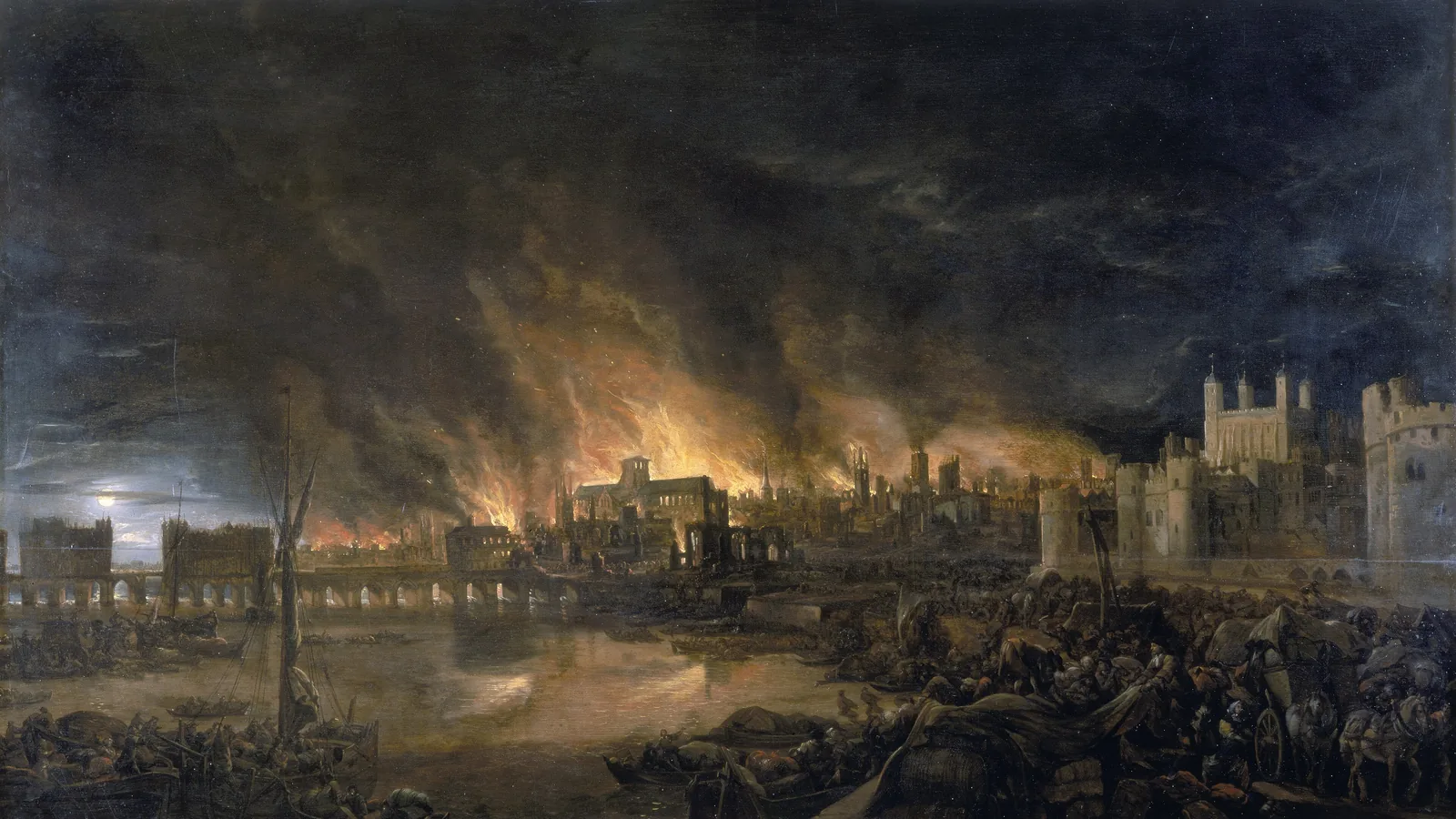 Painting of London ablaze at night, seen from the Thames near the Tower, with old St Paul's and London Bridge burning