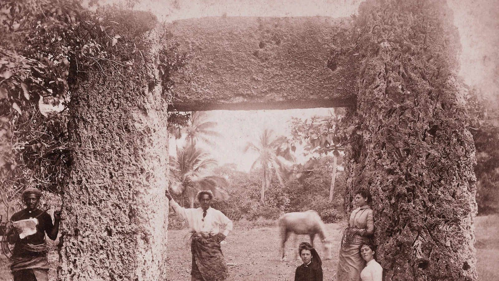Front view of the stone trilithon at Mua, Tonga, in a 19th-century photograph