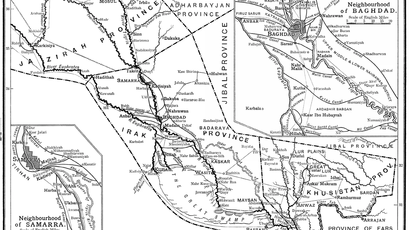 a map of Iraq in the Abbasid period with insets of the Baghdad and Samarra areas