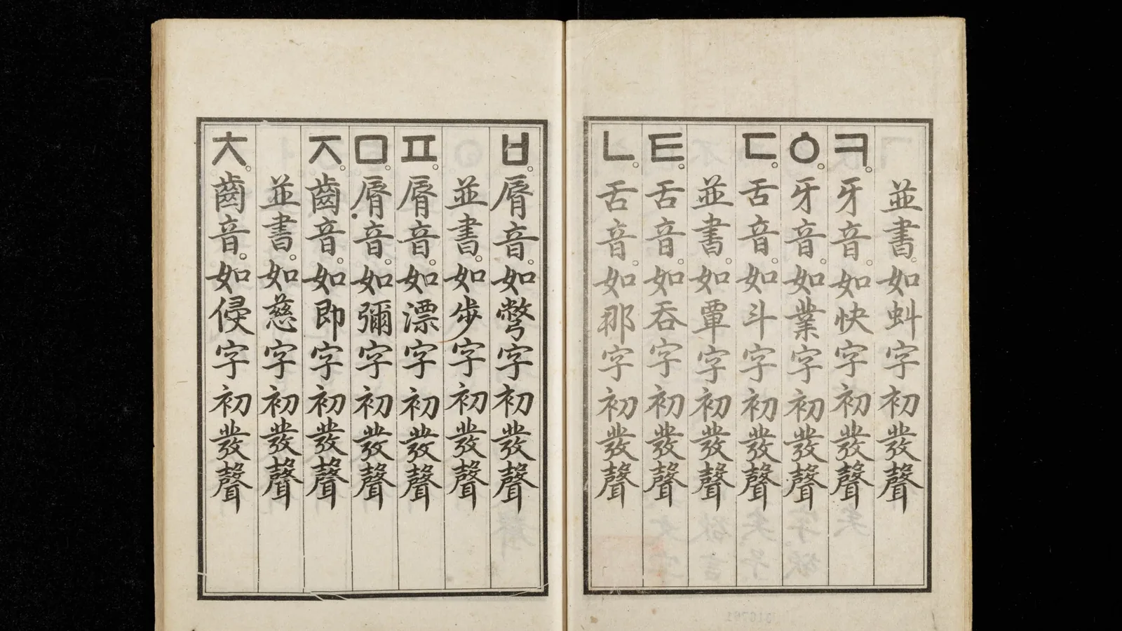 A printed page from the Hunmin Jeongeum Haerye showing hangul letters and commentary