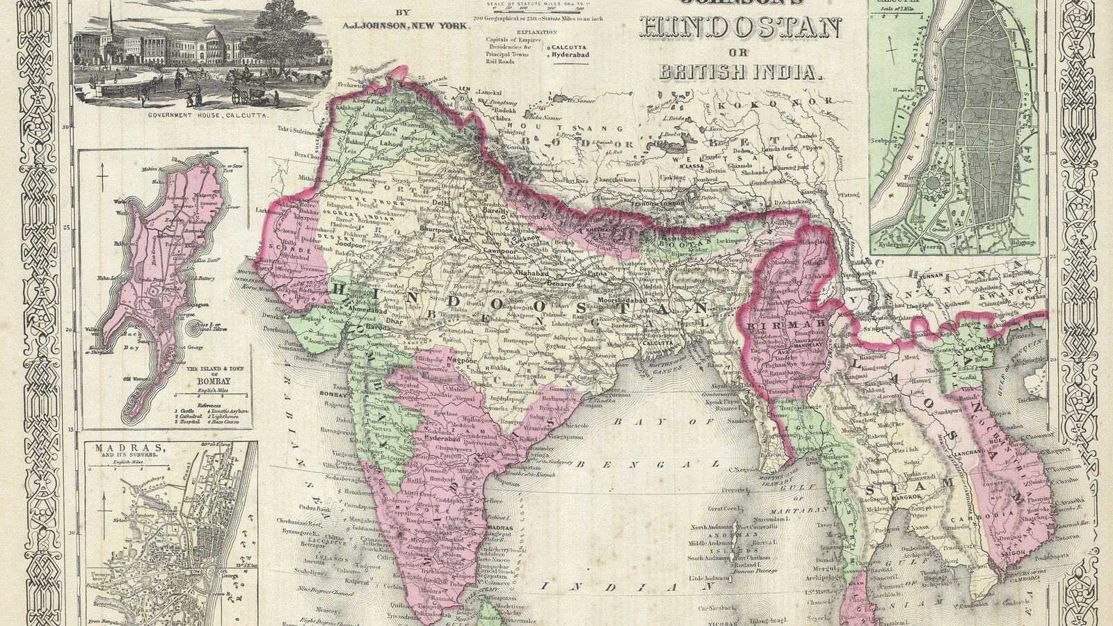 19th-century printed map of India, Burma and Southeast Asia with inset maps of Bombay, Madras and Calcutta