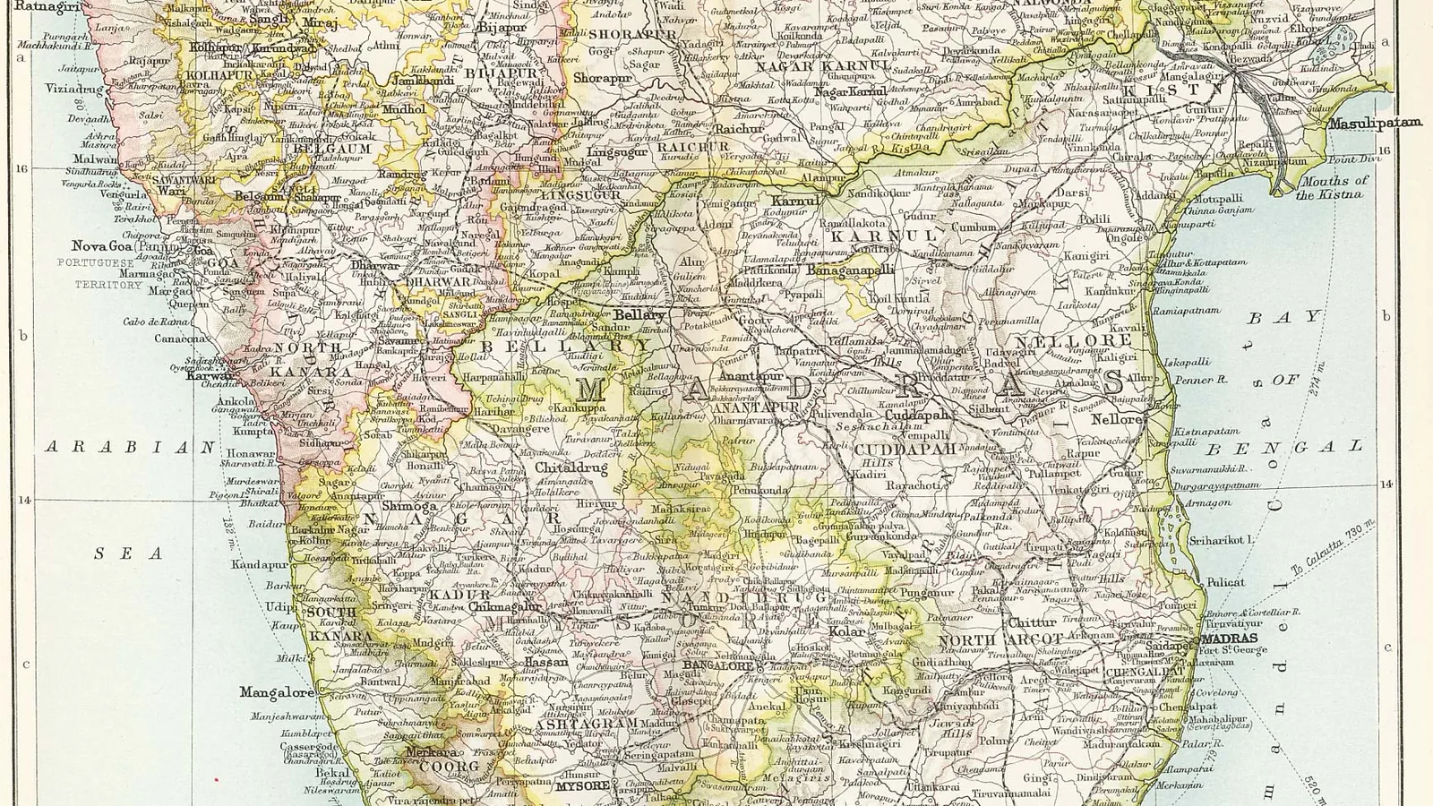 19th-century printed map of the Madras, Mysore and Goa region of British India