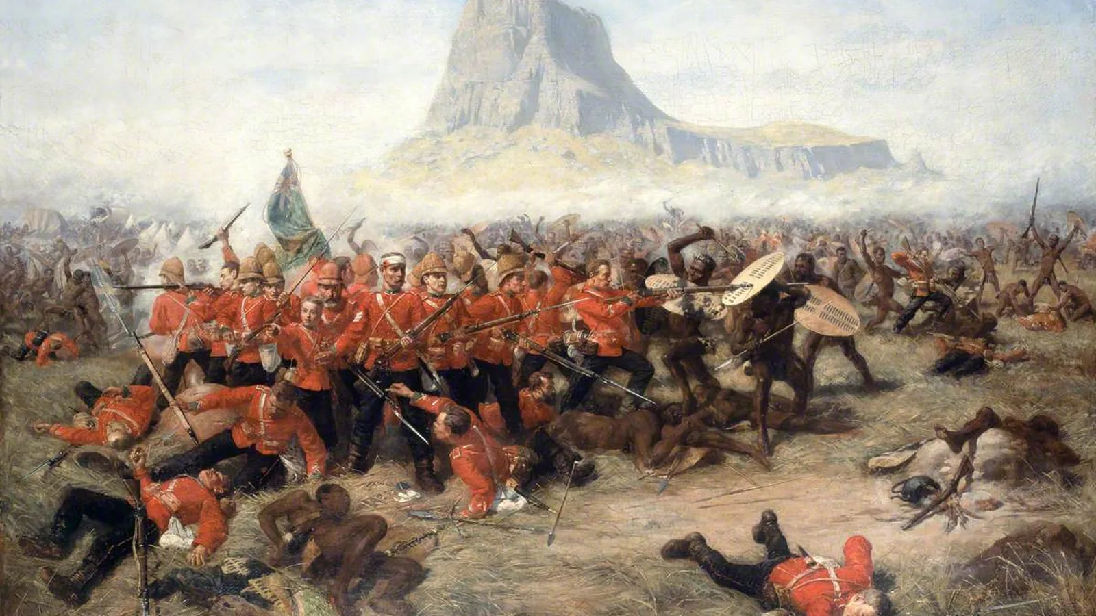 Oil painting of red-coated soldiers in a shrinking square under a flat-topped hill, surrounded by Zulu warriors with shields