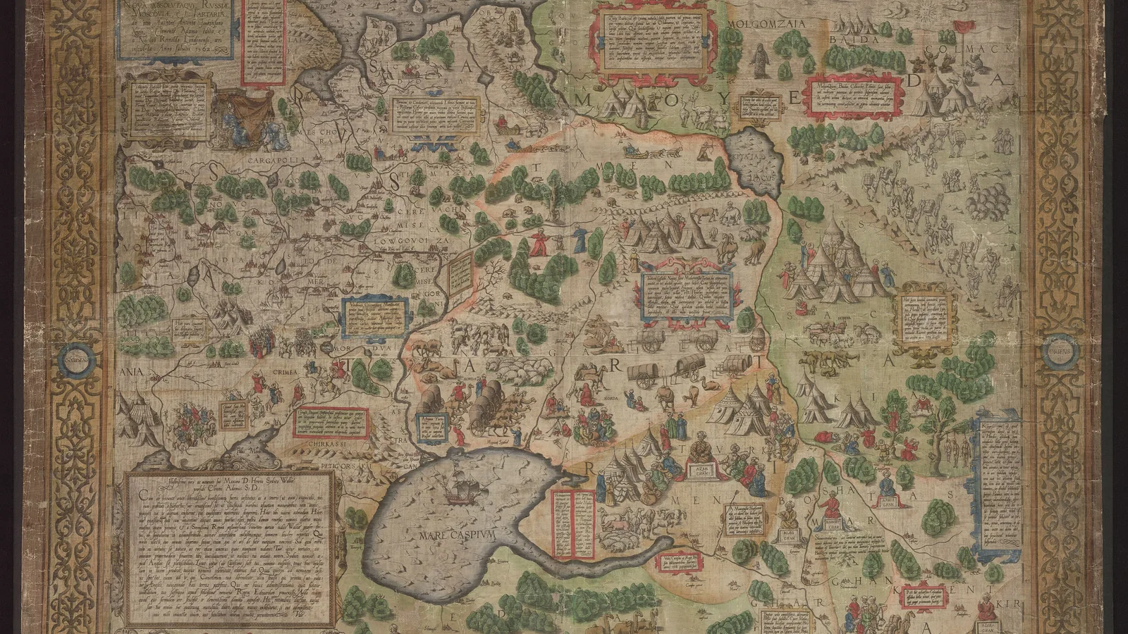 a sixteenth-century engraved map of Russia and Tartary with figures, tents and camels drawn across the land