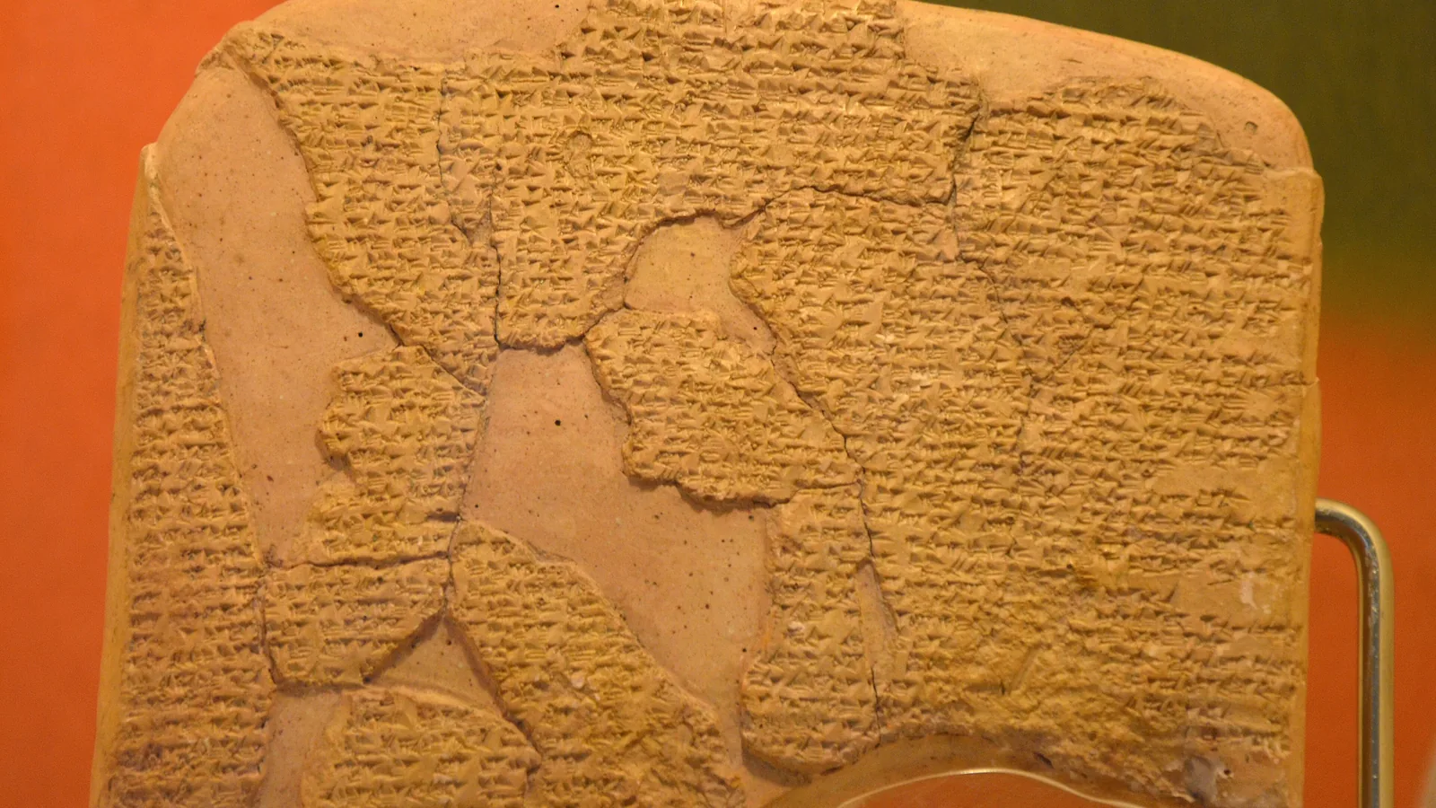 Clay cuneiform tablet of the Kadesh peace treaty displayed upright in a museum case