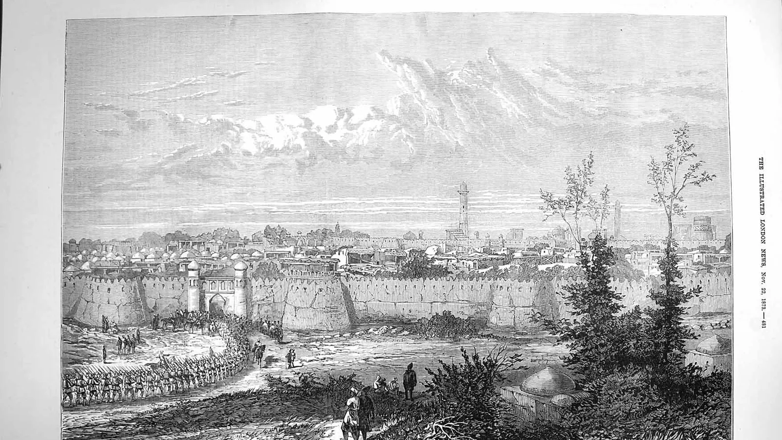 Wood engraving of Russian soldiers and horsemen passing through a gate into a walled city