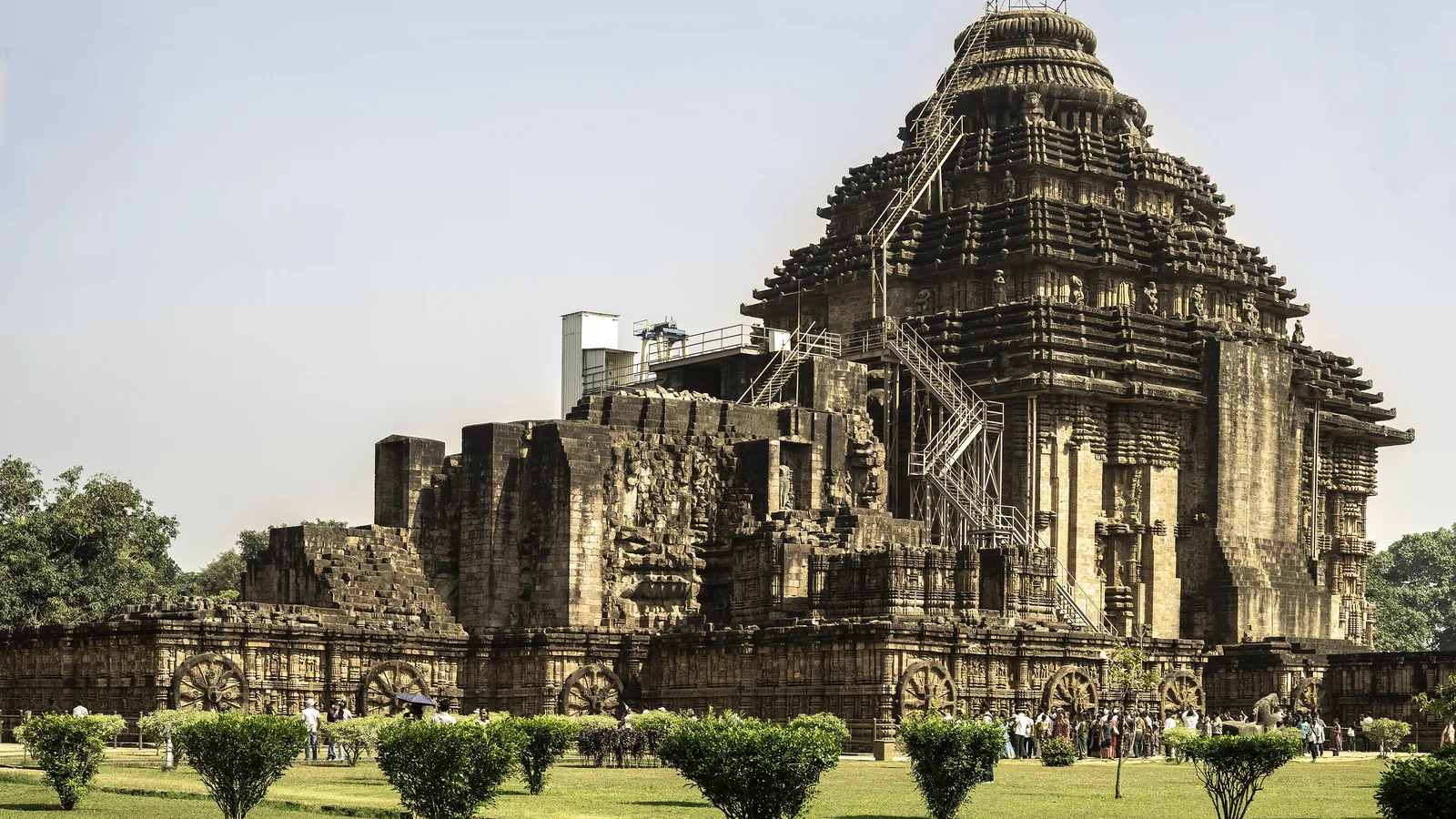 The carved stone mass of the Konark Sun Temple against the sky