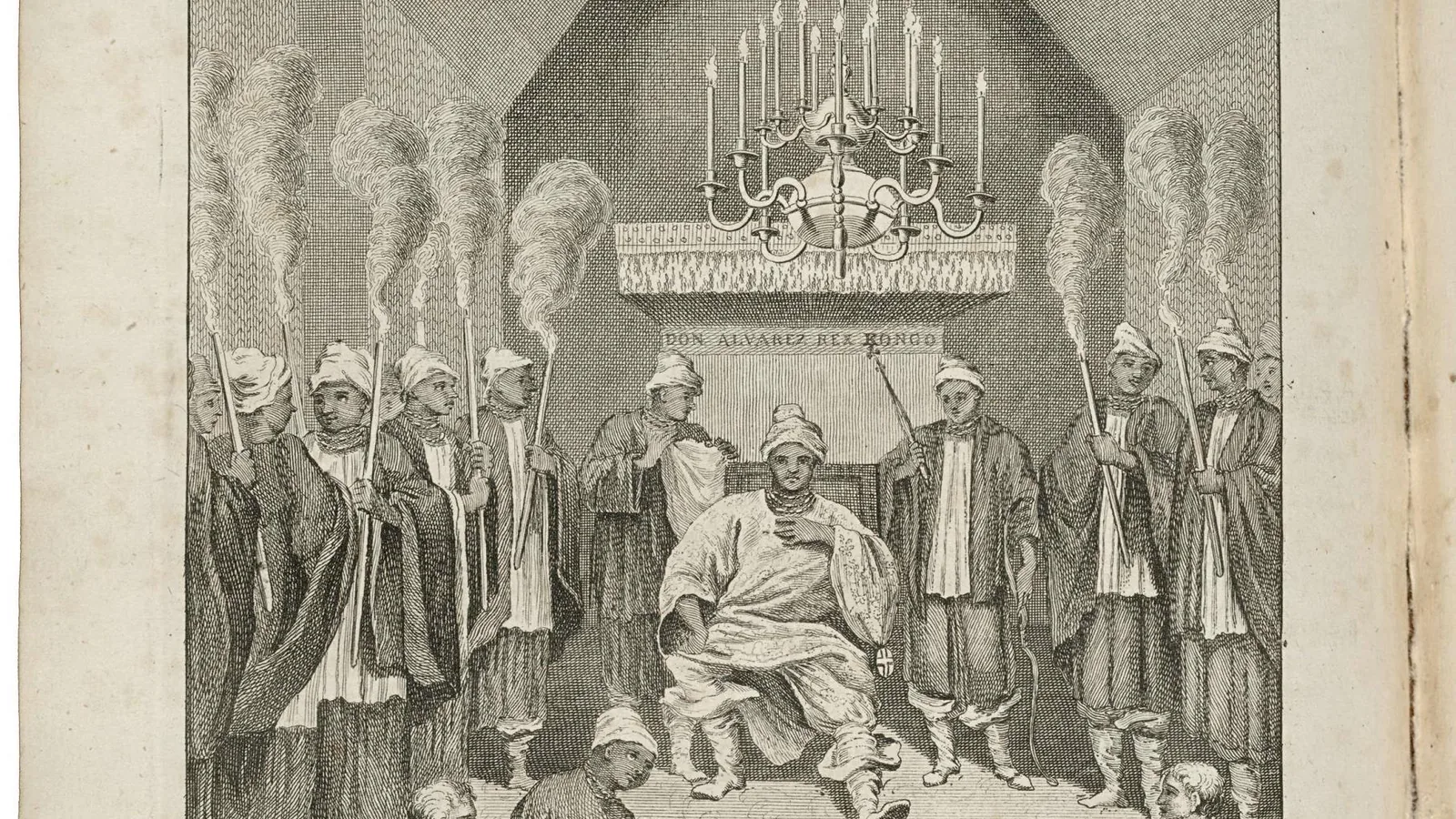 an engraving of a seated African king under a canopy receiving a delegation of Europeans in a courtyard