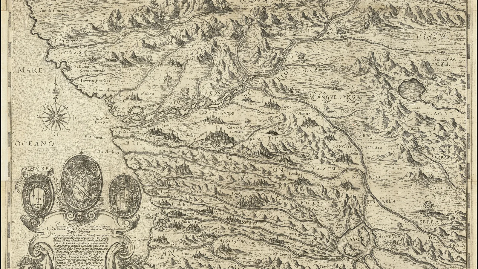 an engraved sixteenth-century map of the kingdom of Congo with rivers, mountains and a coastline