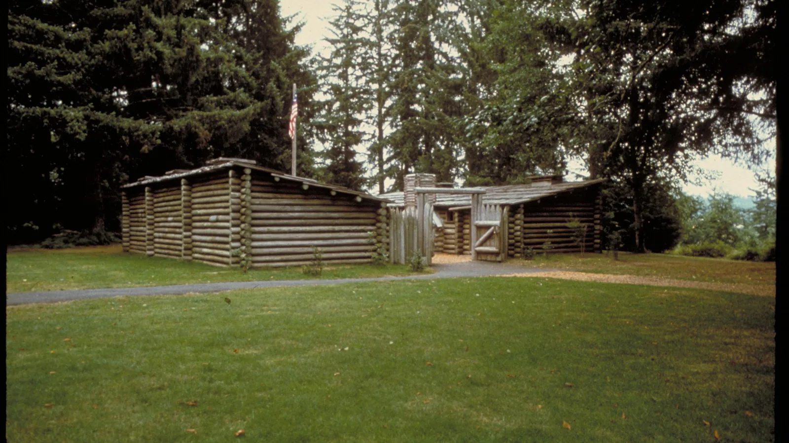 A small log fort with a palisade wall and wooden gate among tall evergreen trees