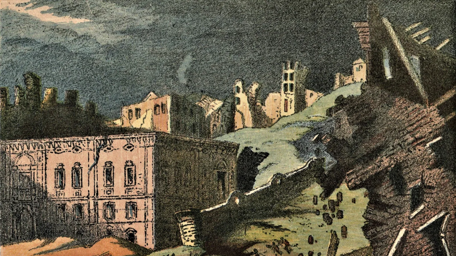 an engraving of collapsing stone buildings with cracked walls, smoke and figures fleeing in the foreground