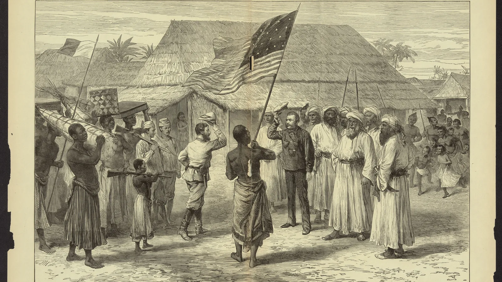 Wood engraving of two men in pith helmets and khaki shaking hands before a crowd of onlookers