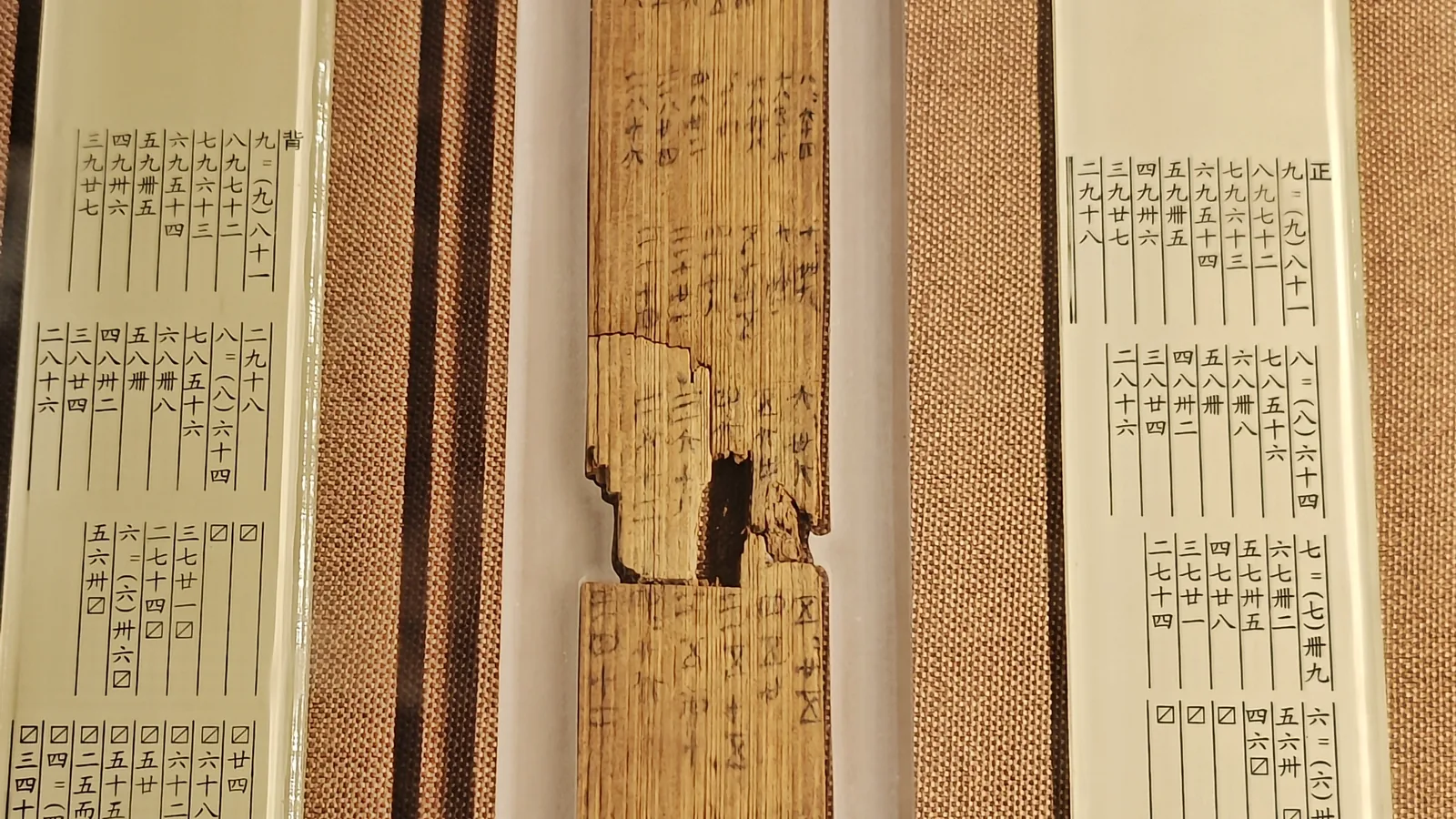 Museum case with a broken wooden slip bearing multiplication entries, flanked by transcription panels